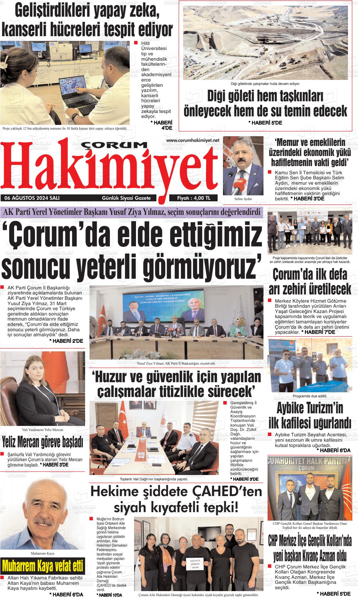 06 Ağustos 2024 Çorum Hakimiyet Gazete Manşeti