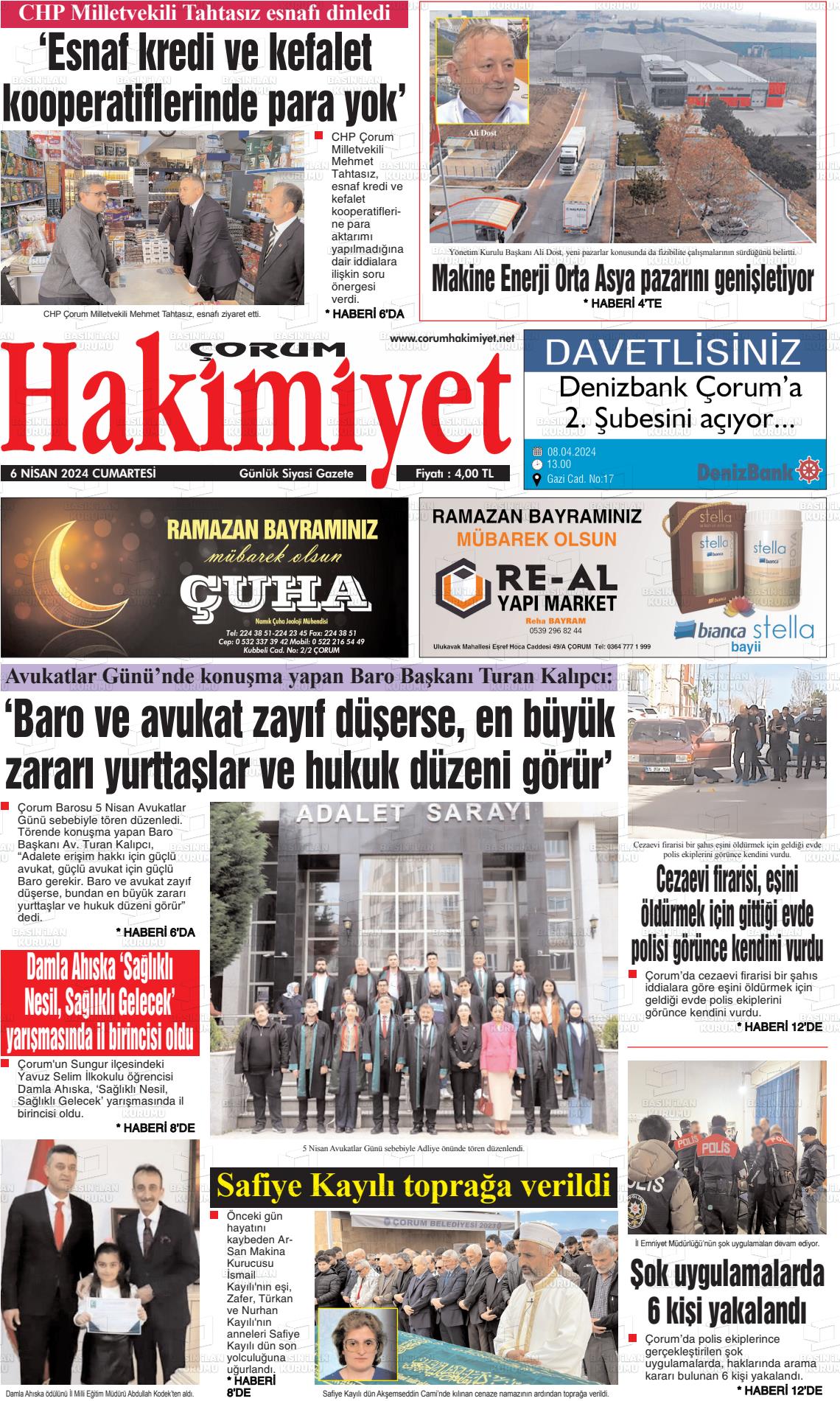 06 Nisan 2024 Çorum Hakimiyet Gazete Manşeti