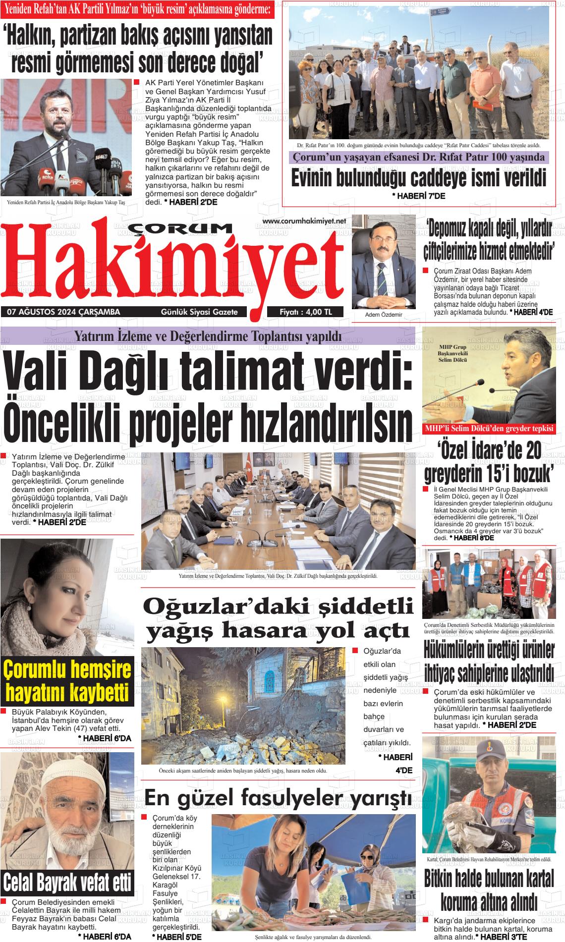 07 Ağustos 2024 Çorum Hakimiyet Gazete Manşeti