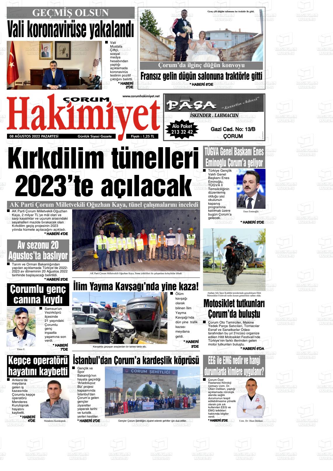 08 Ağustos 2022 Çorum Hakimiyet Gazete Manşeti