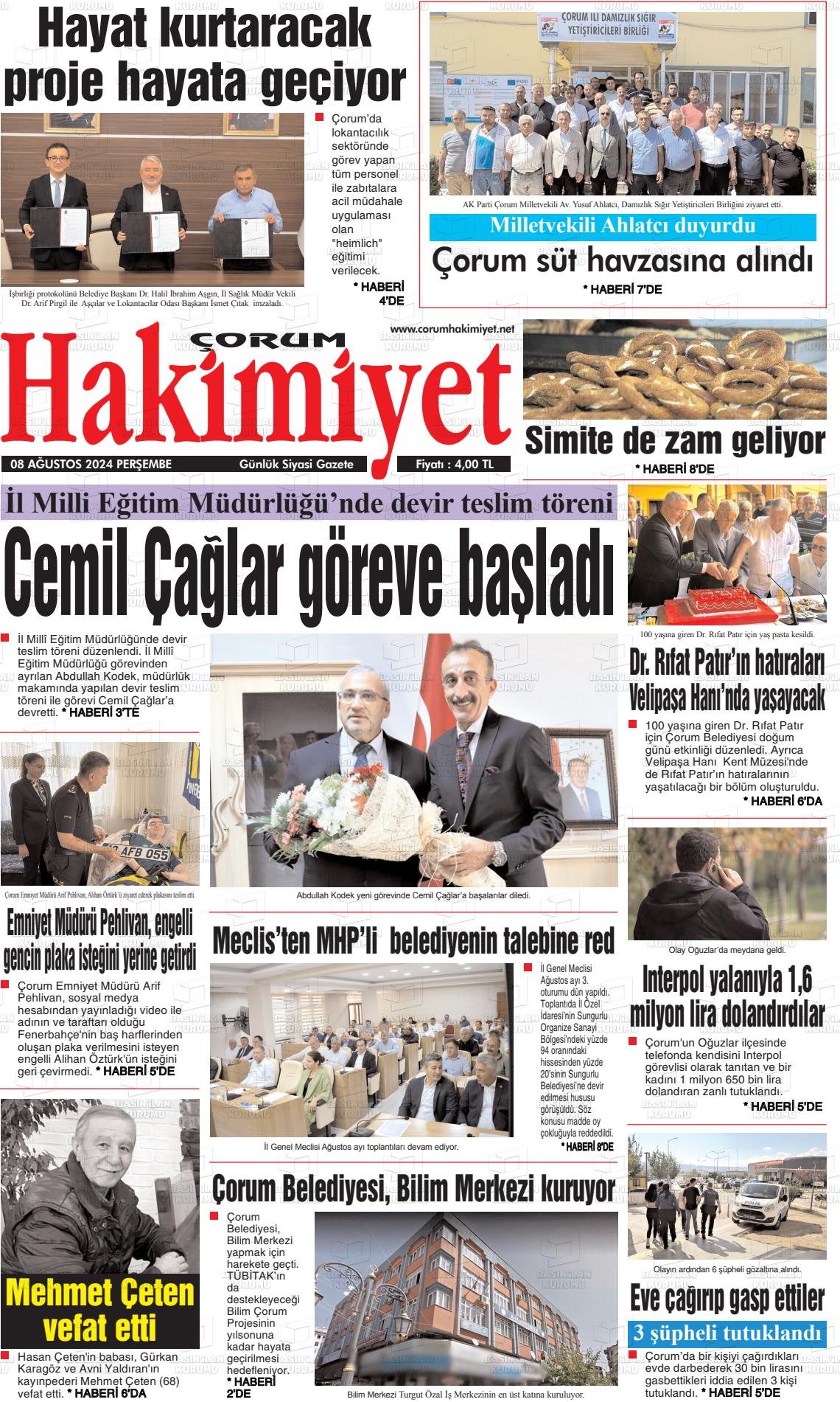 08 Ağustos 2024 Çorum Hakimiyet Gazete Manşeti