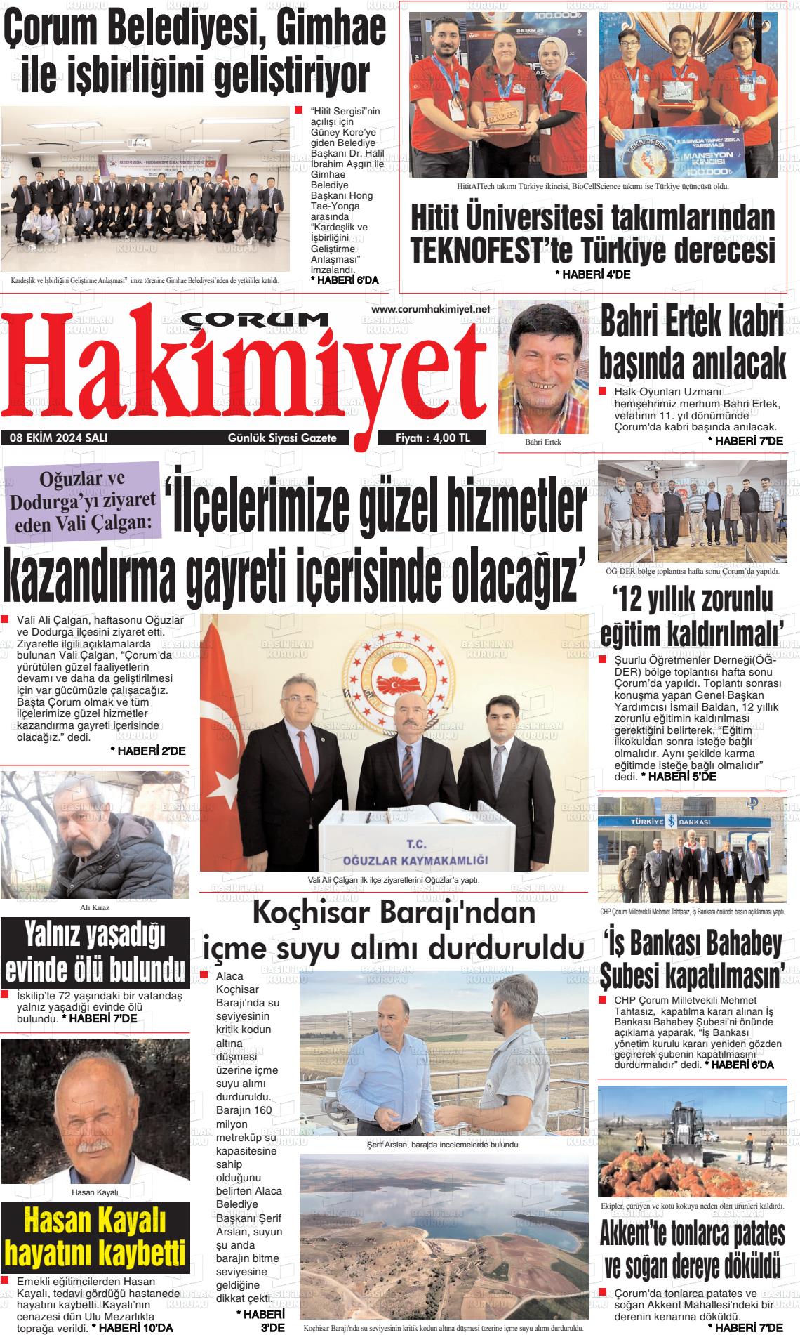 08 Ekim 2024 Çorum Hakimiyet Gazete Manşeti