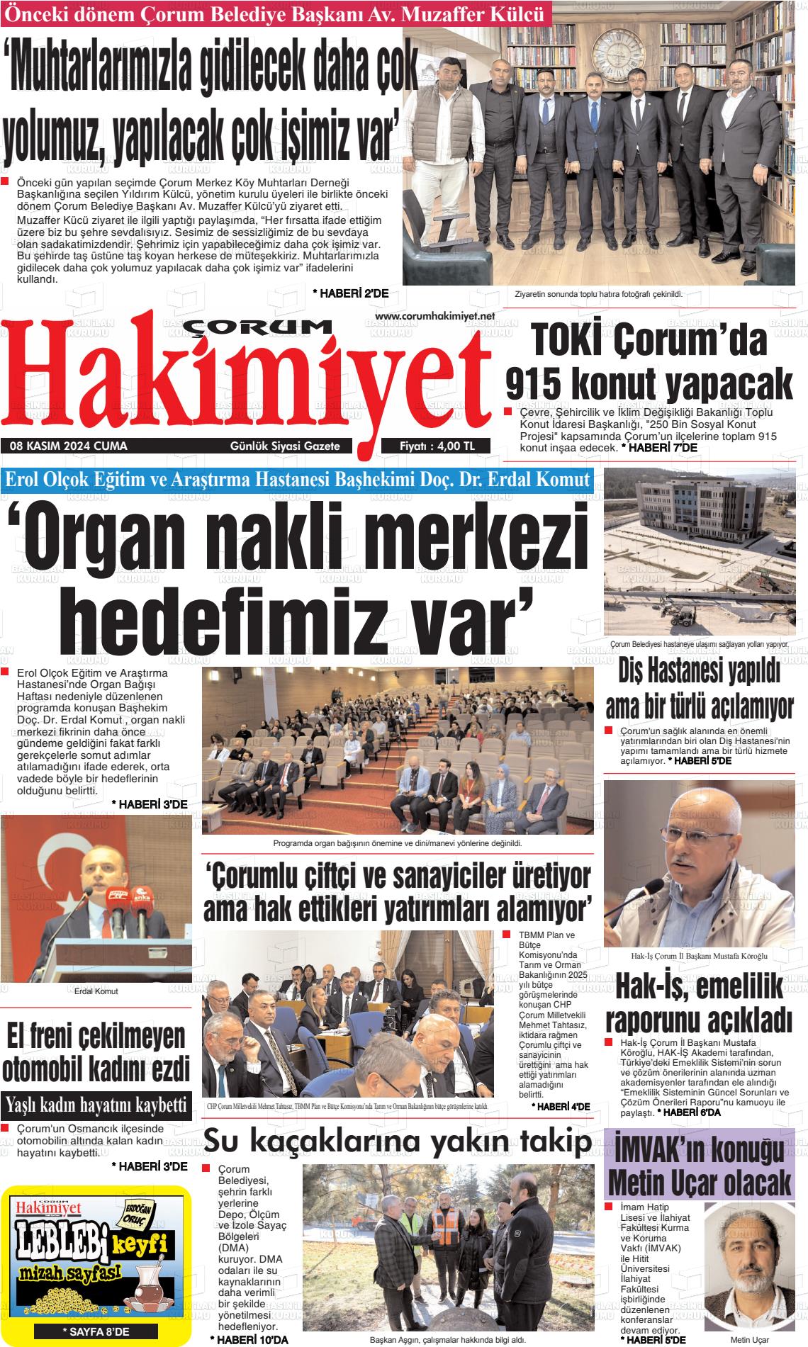 08 Kasım 2024 Çorum Hakimiyet Gazete Manşeti