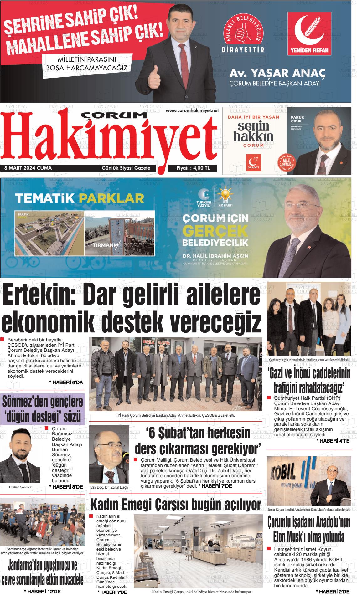 08 Mart 2024 Çorum Hakimiyet Gazete Manşeti