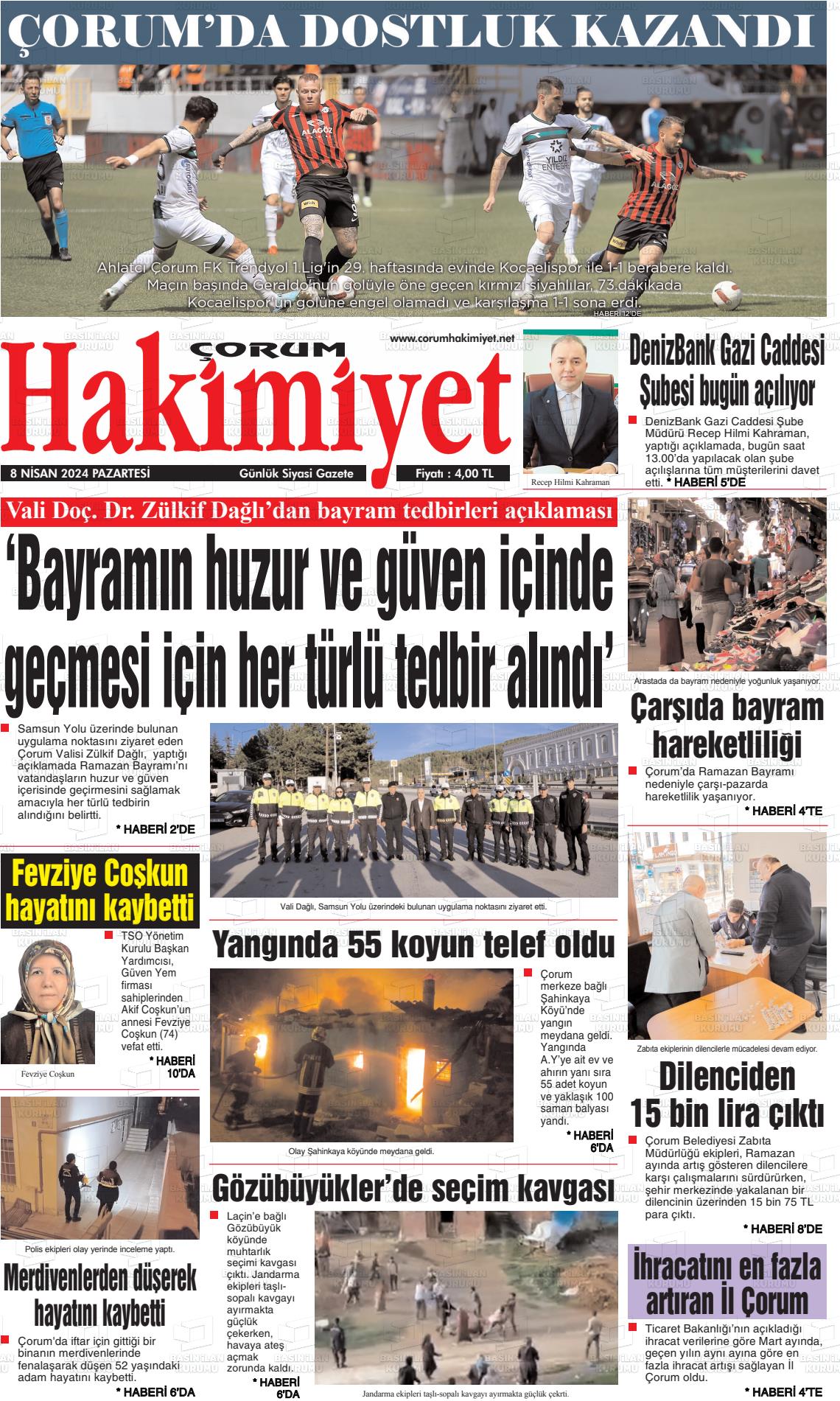 08 Nisan 2024 Çorum Hakimiyet Gazete Manşeti