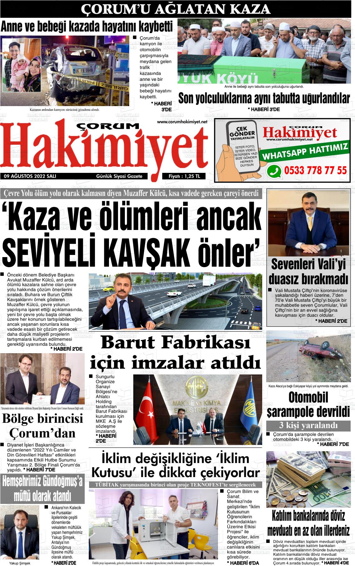 09 Ağustos 2022 Çorum Hakimiyet Gazete Manşeti