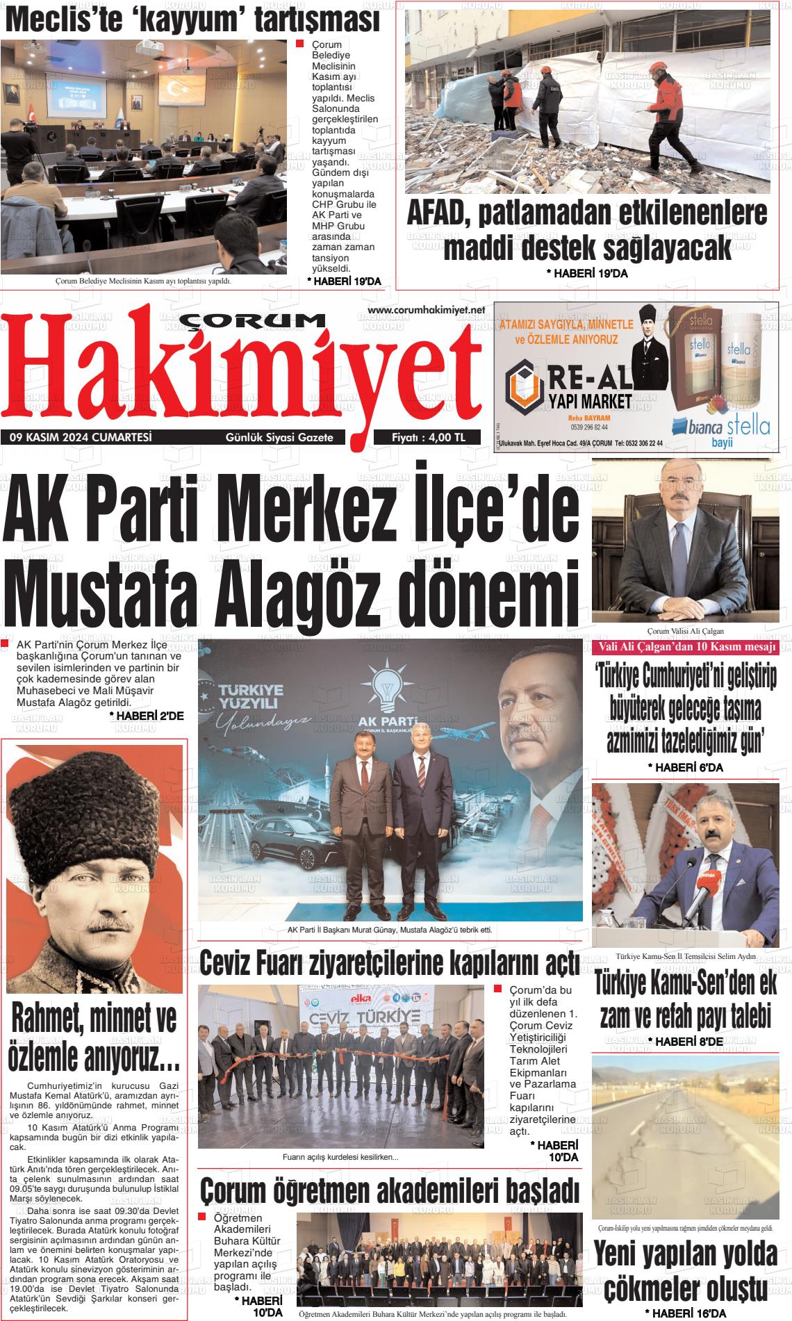 09 Kasım 2024 Çorum Hakimiyet Gazete Manşeti