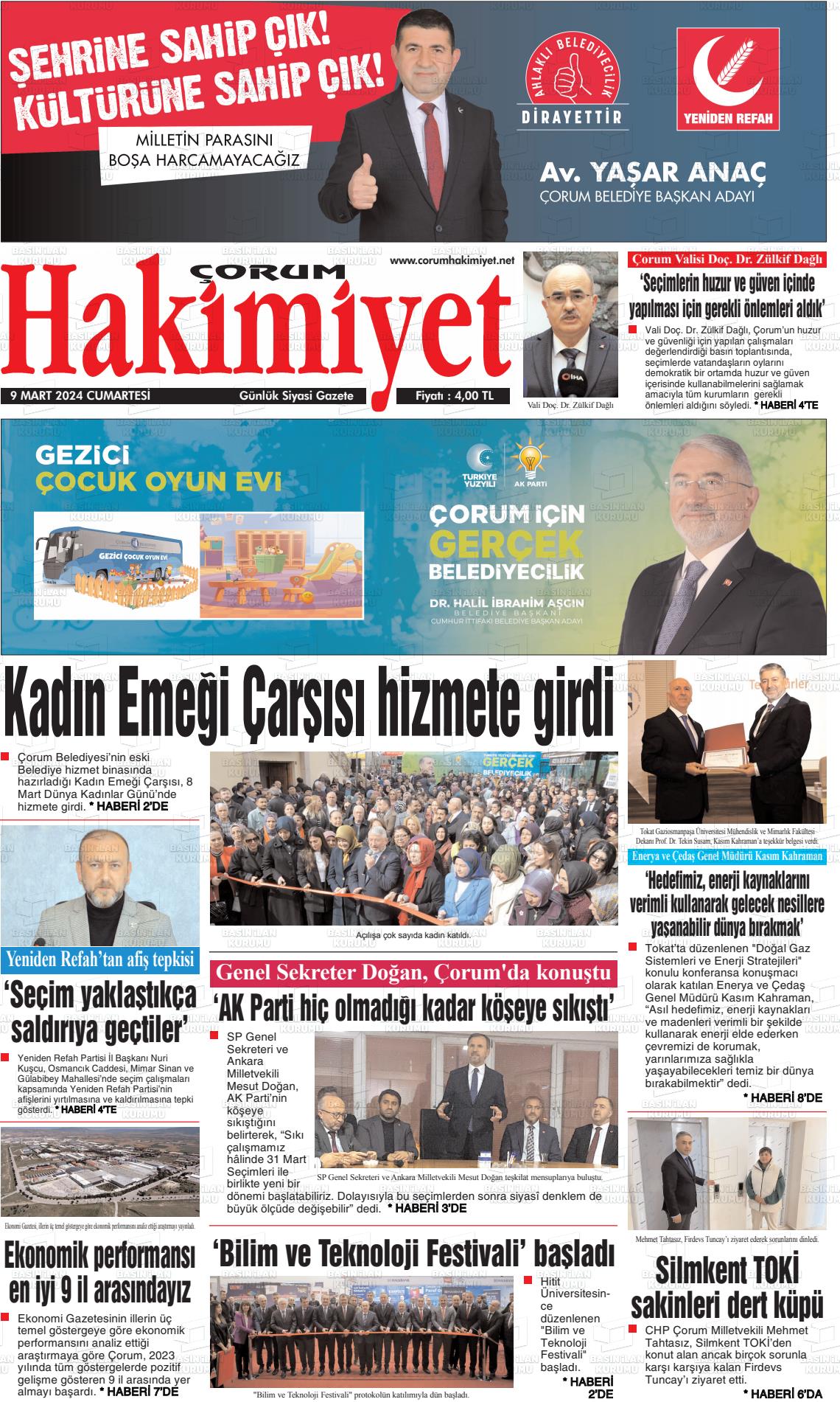 09 Mart 2024 Çorum Hakimiyet Gazete Manşeti