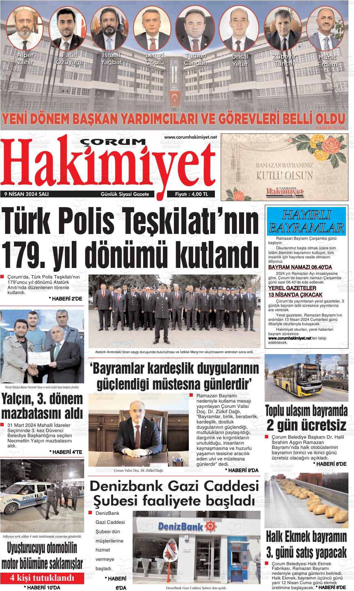 09 Nisan 2024 Çorum Hakimiyet Gazete Manşeti