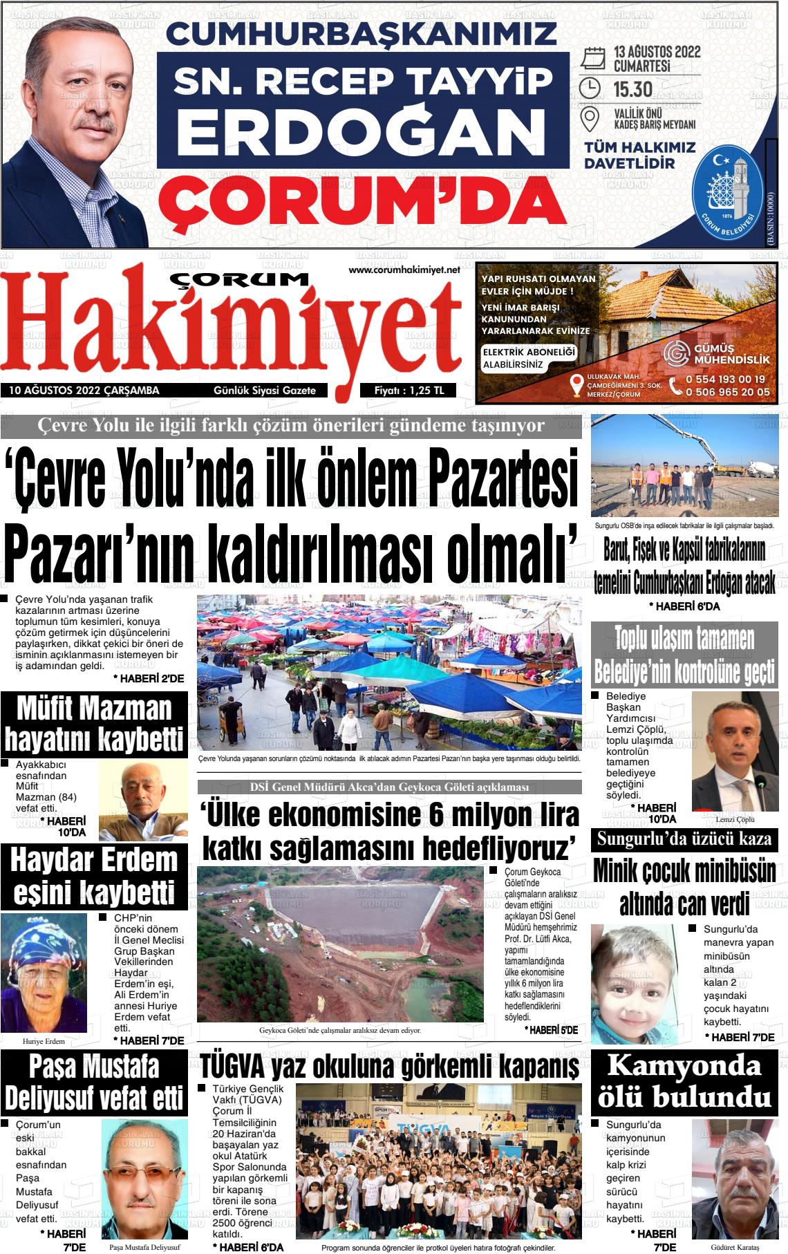 10 Ağustos 2022 Çorum Hakimiyet Gazete Manşeti