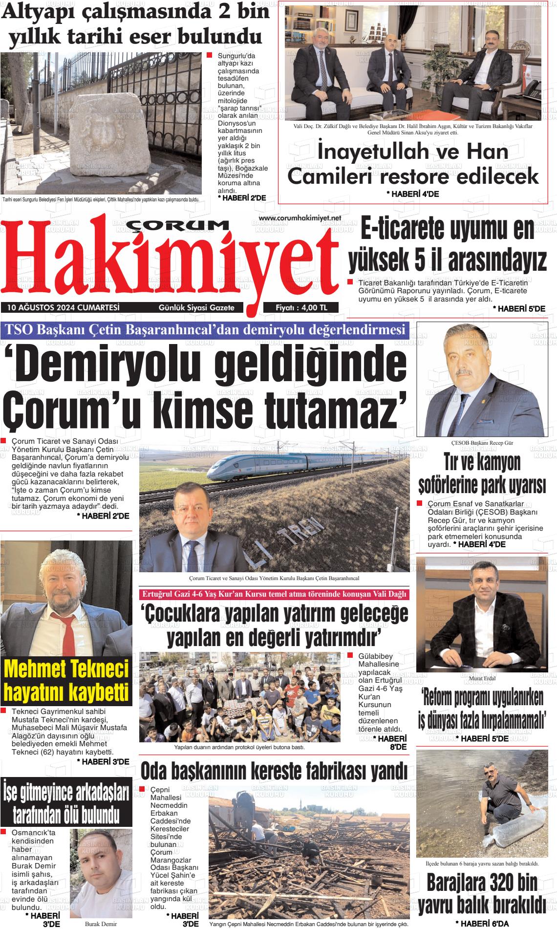 10 Ağustos 2024 Çorum Hakimiyet Gazete Manşeti