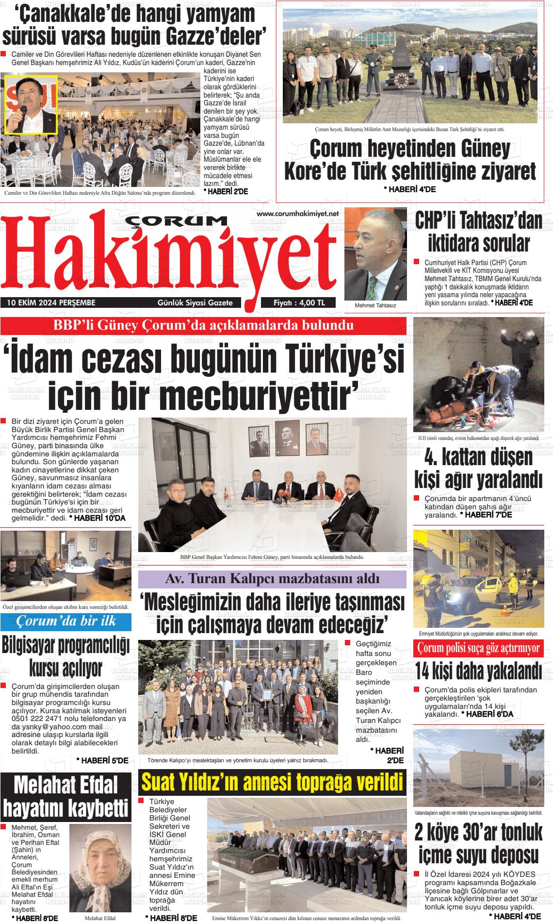 10 Ekim 2024 Çorum Hakimiyet Gazete Manşeti