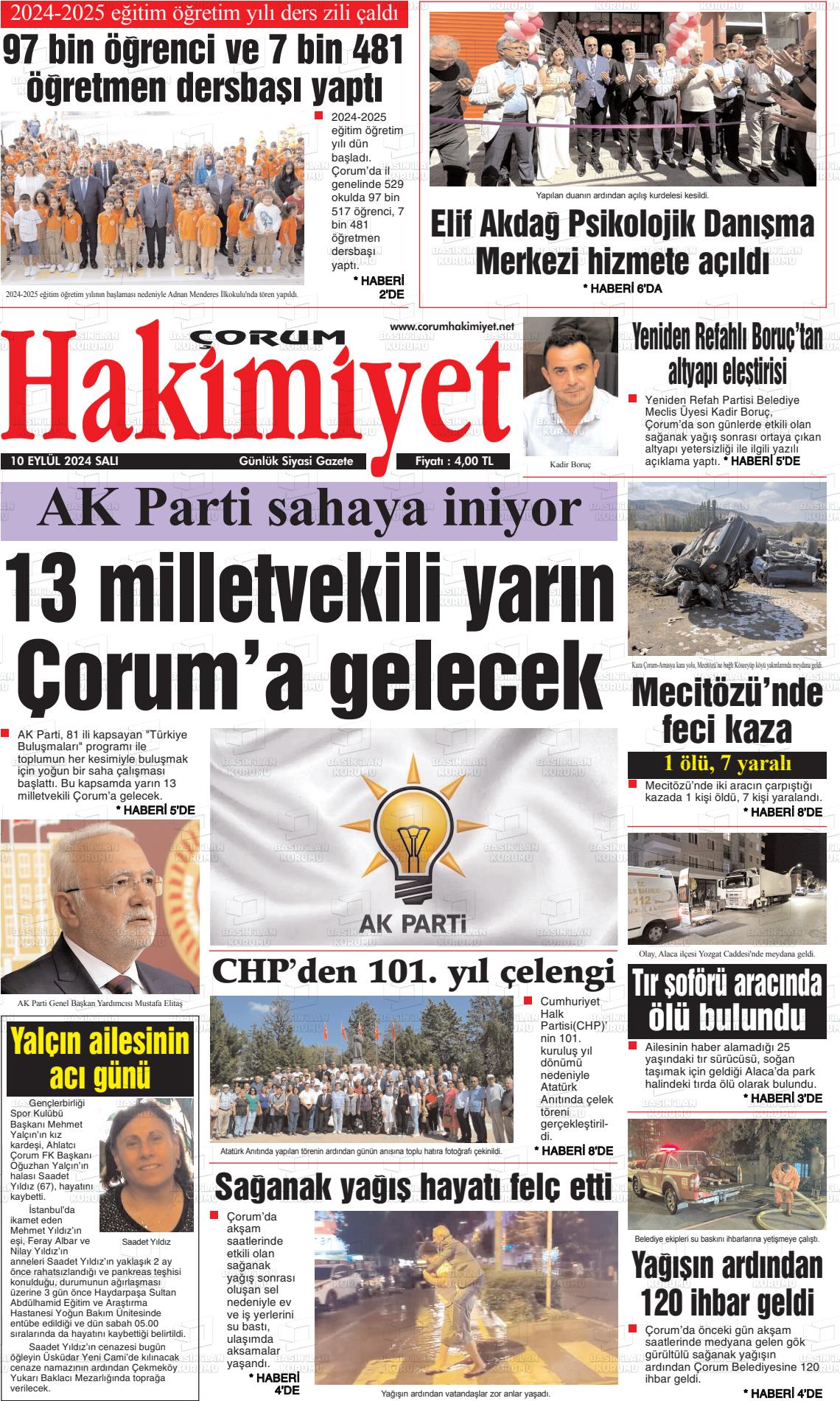 10 Eylül 2024 Çorum Hakimiyet Gazete Manşeti