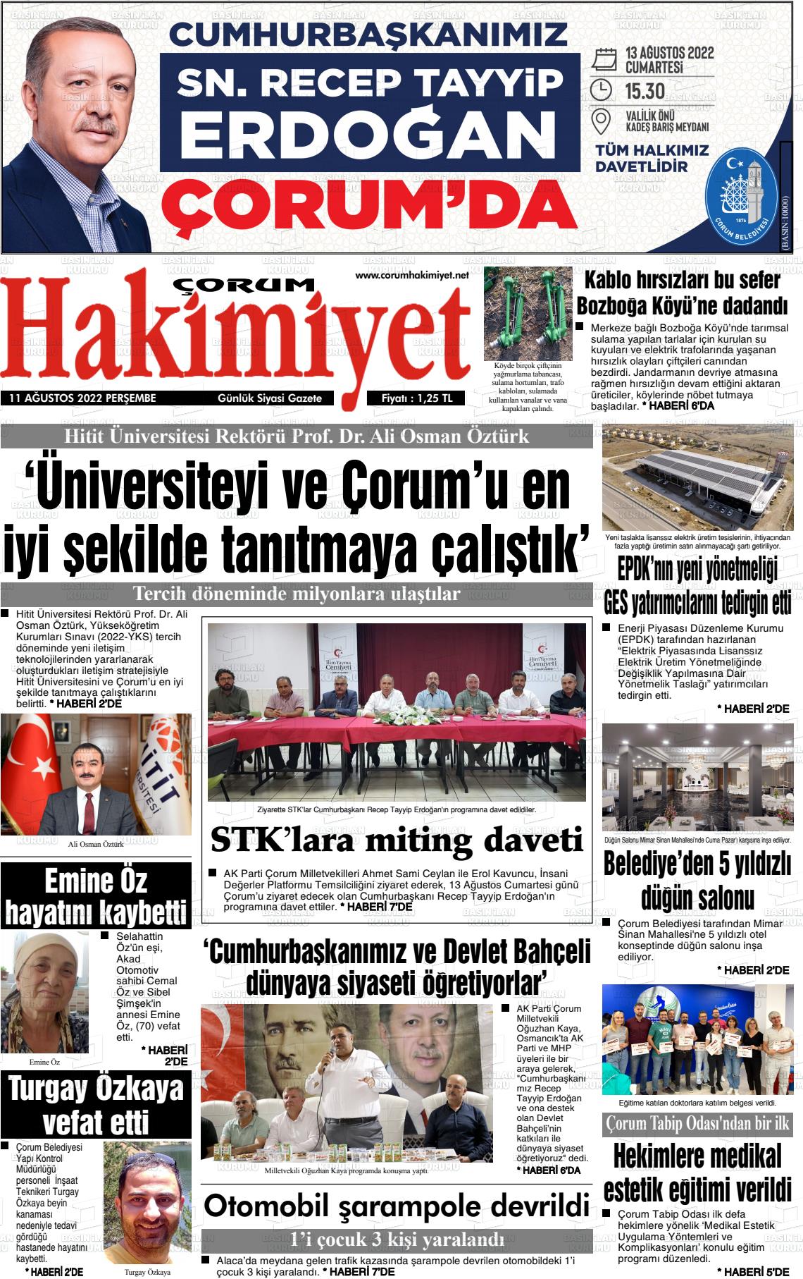 11 Ağustos 2022 Çorum Hakimiyet Gazete Manşeti