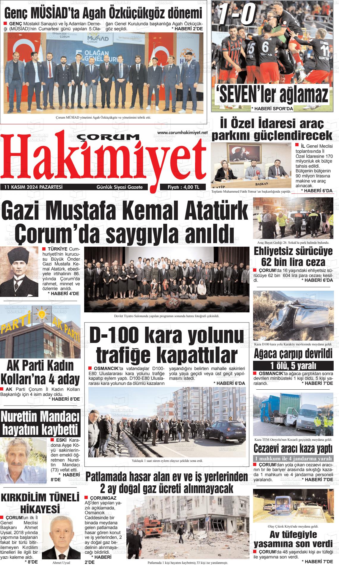 11 Kasım 2024 Çorum Hakimiyet Gazete Manşeti