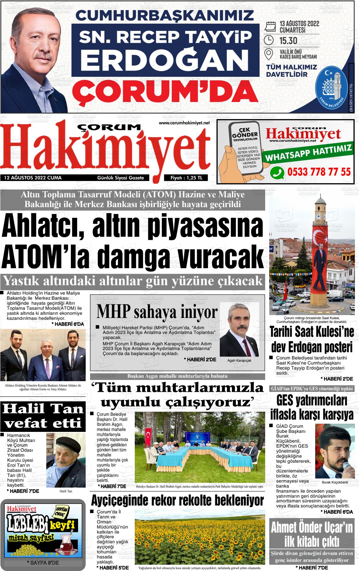 12 Ağustos 2022 Çorum Hakimiyet Gazete Manşeti