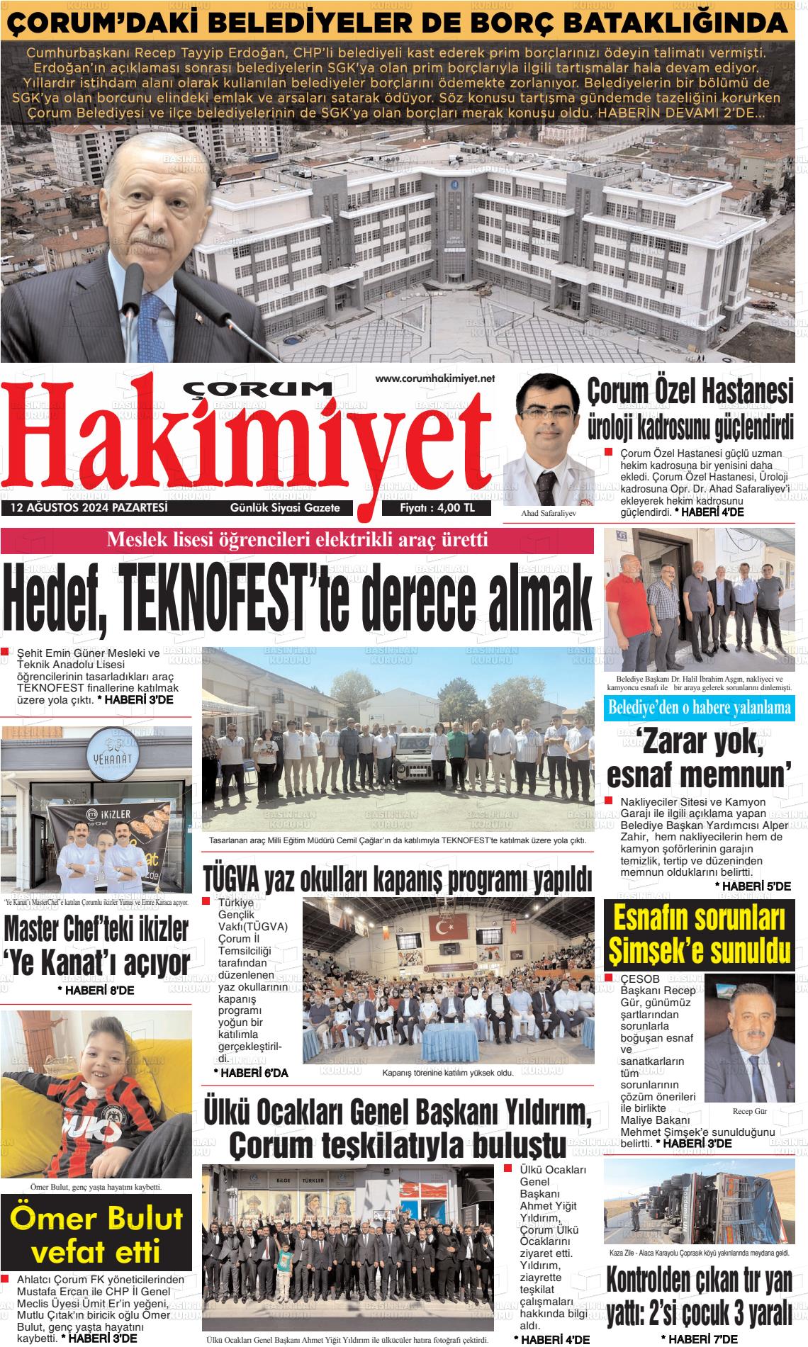 12 Ağustos 2024 Çorum Hakimiyet Gazete Manşeti