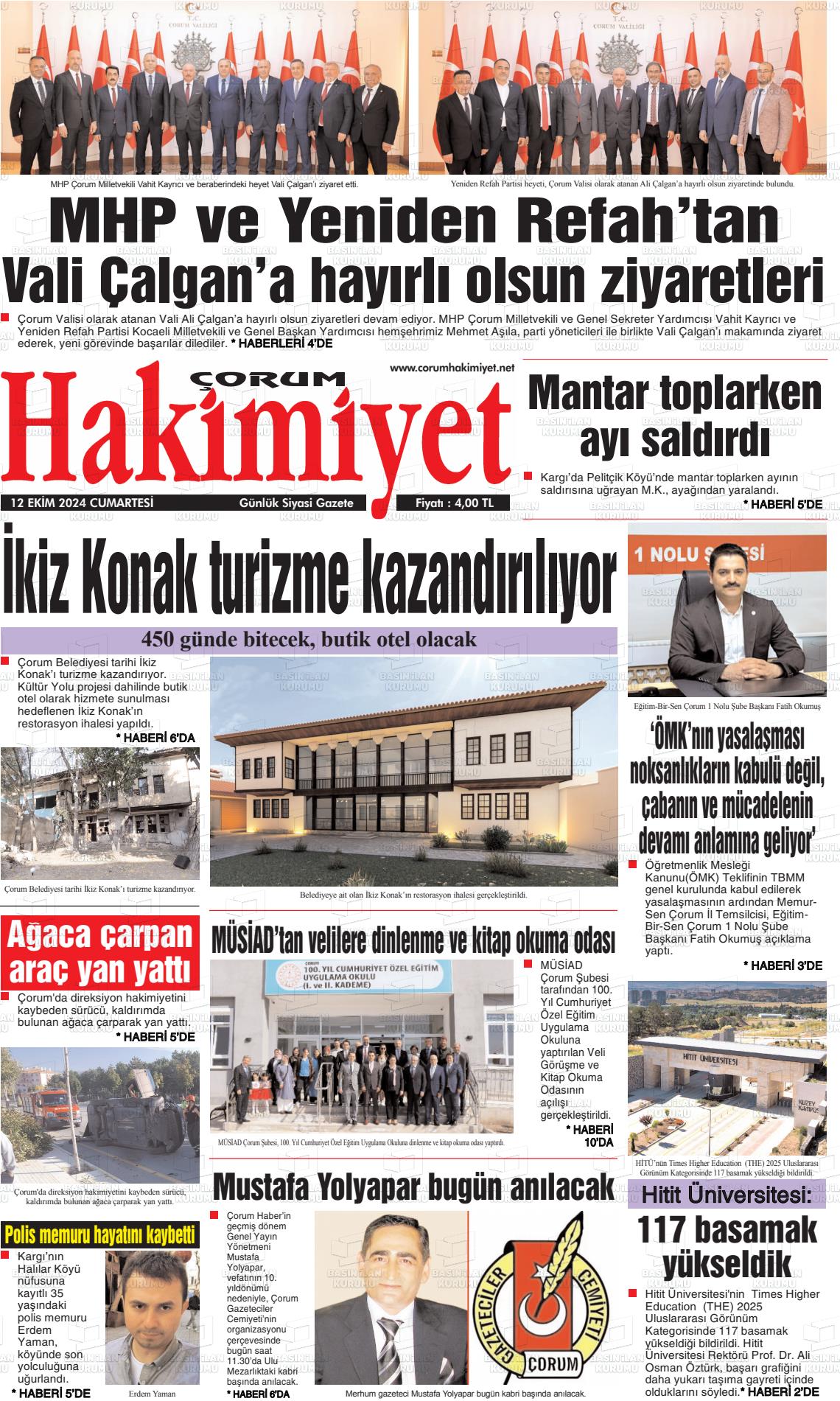 12 Ekim 2024 Çorum Hakimiyet Gazete Manşeti