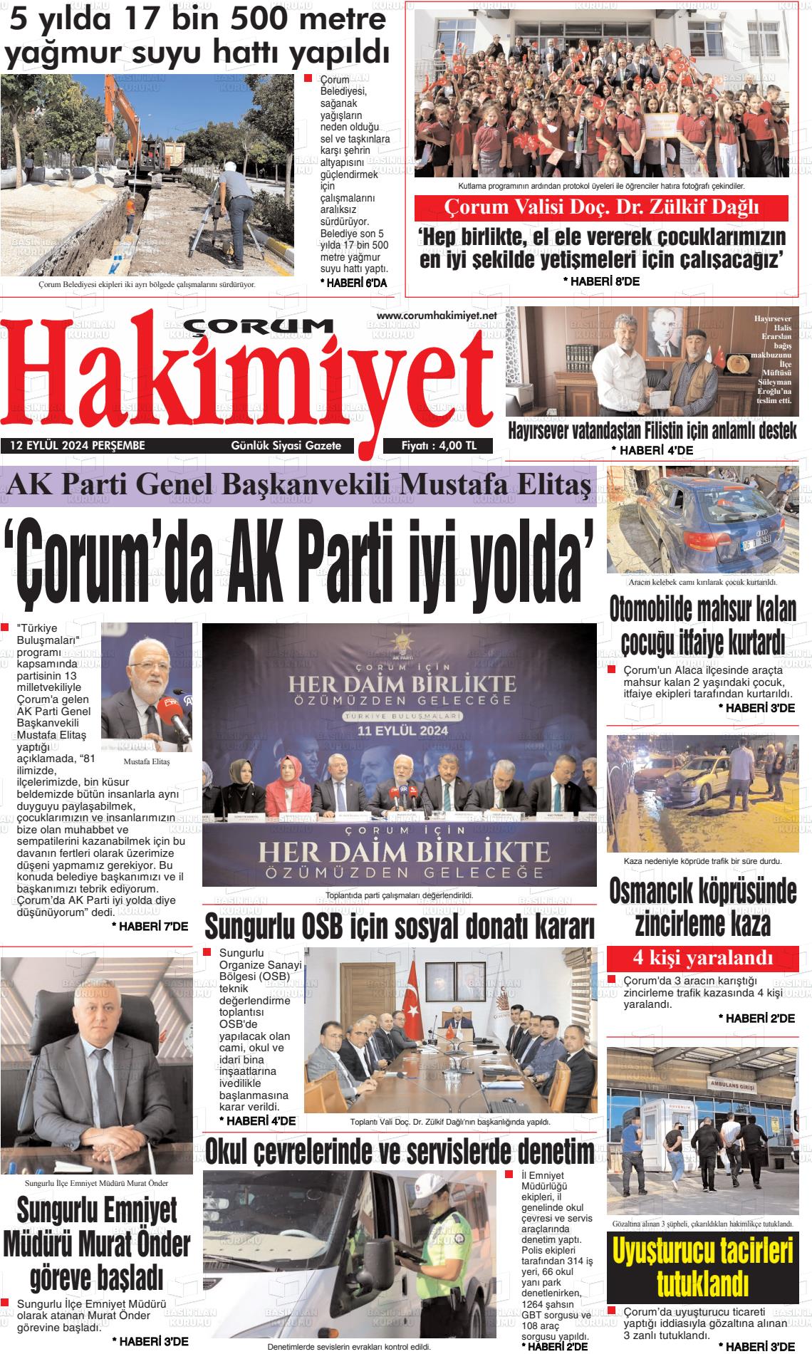 12 Eylül 2024 Çorum Hakimiyet Gazete Manşeti