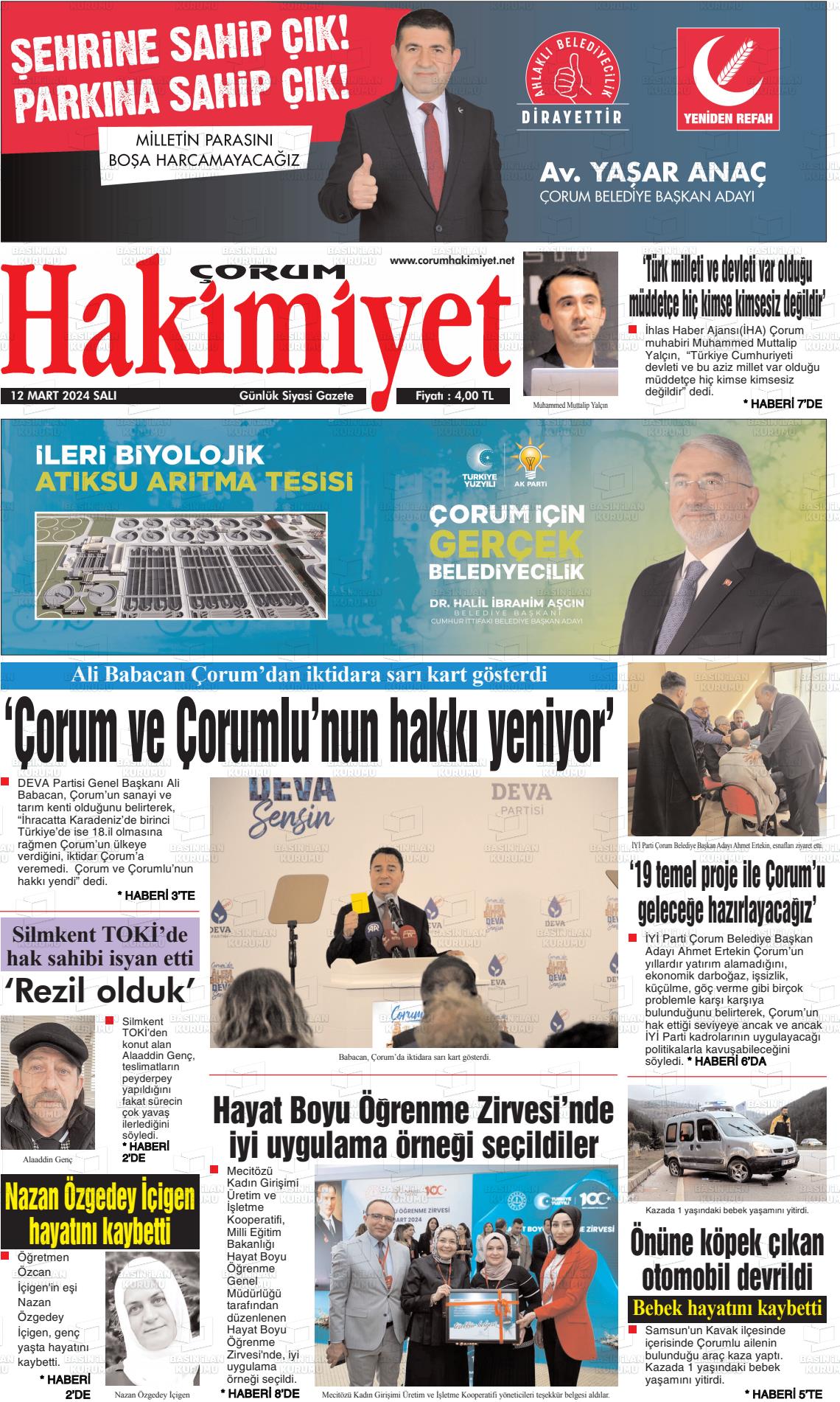 12 Mart 2024 Çorum Hakimiyet Gazete Manşeti