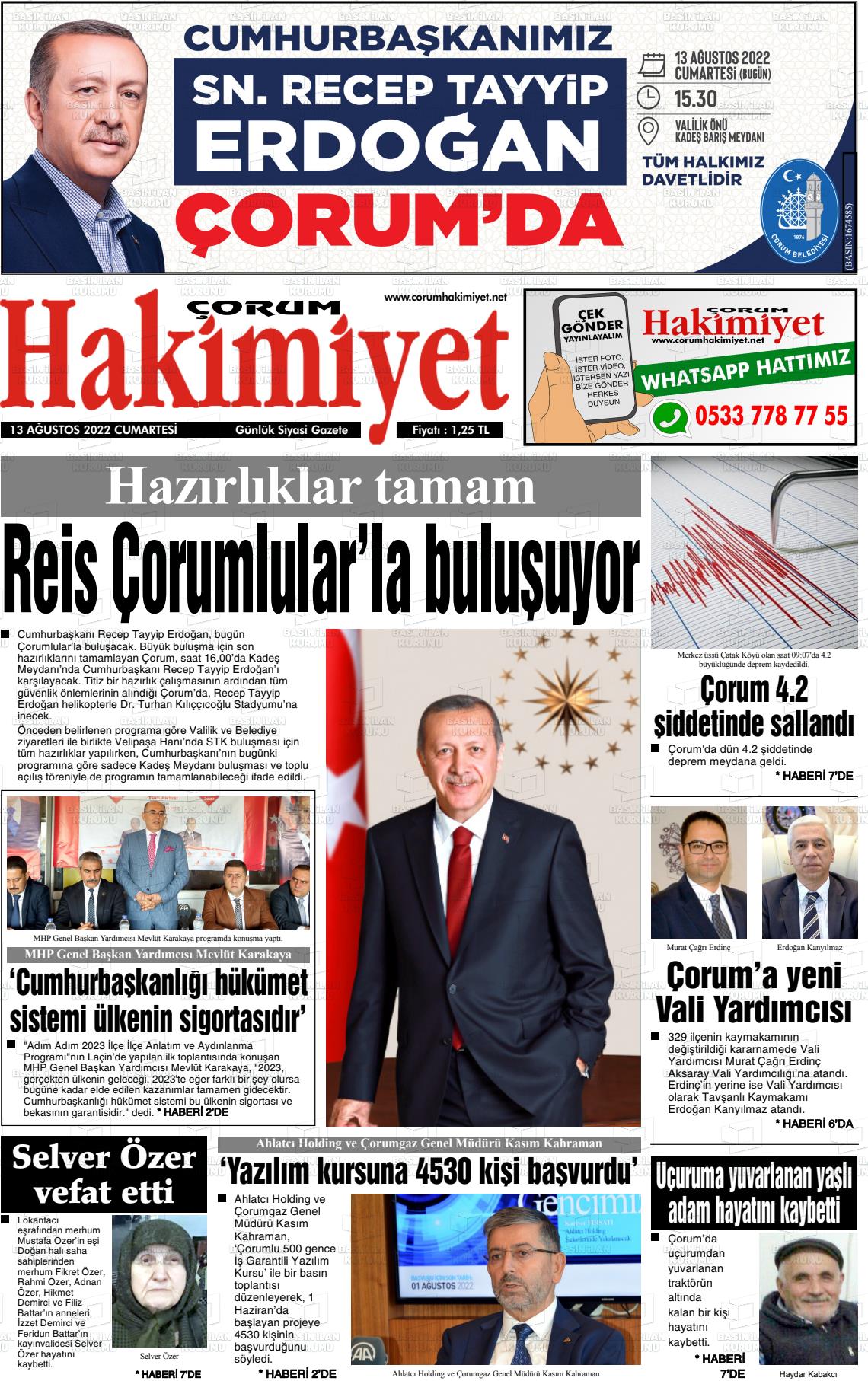 13 Ağustos 2022 Çorum Hakimiyet Gazete Manşeti