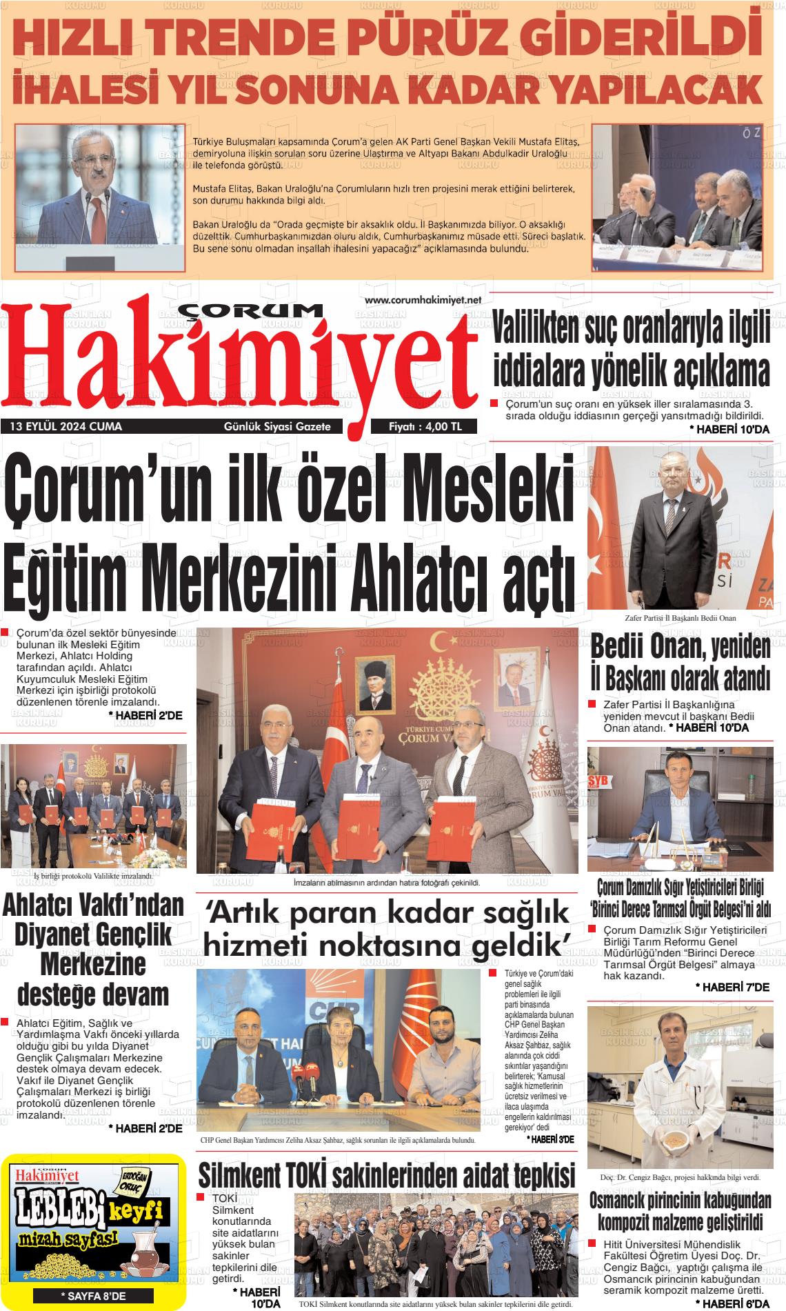 13 Eylül 2024 Çorum Hakimiyet Gazete Manşeti