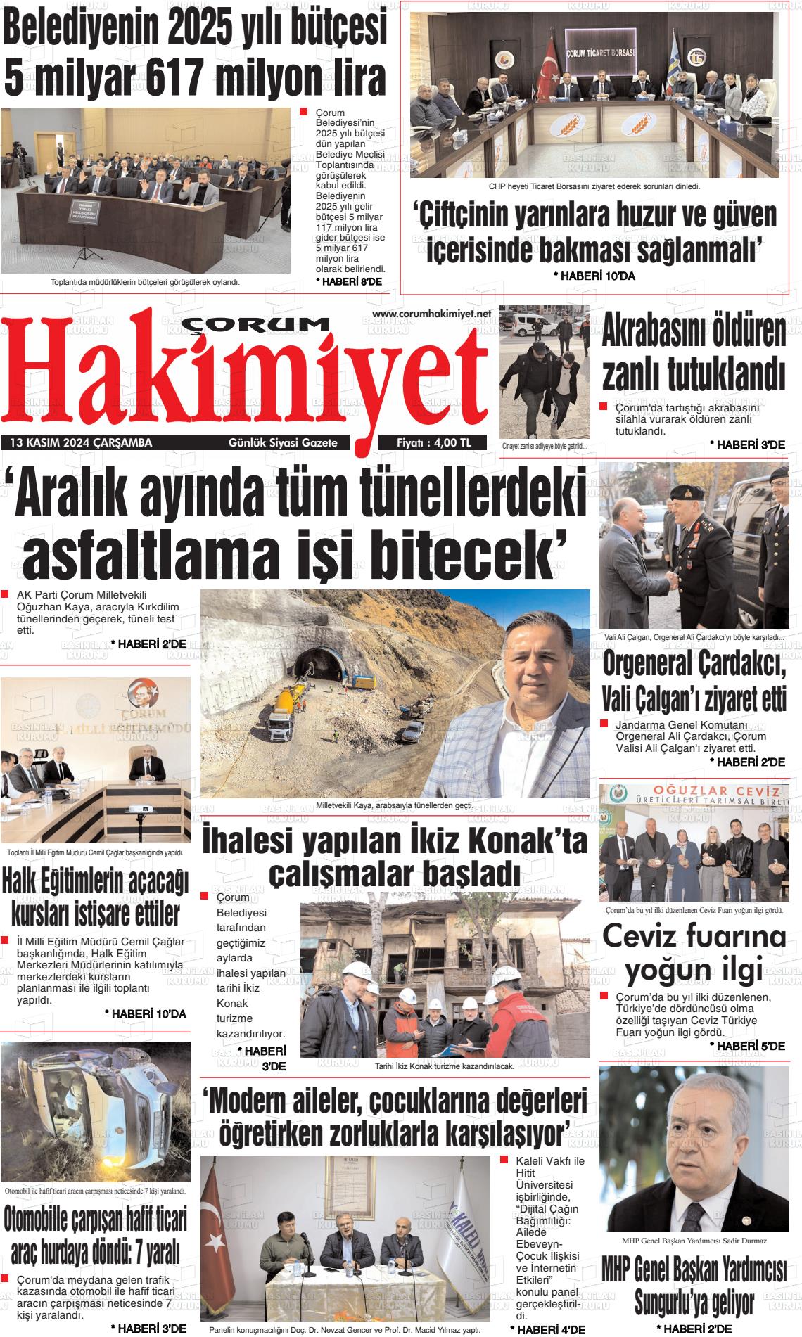 13 Kasım 2024 Çorum Hakimiyet Gazete Manşeti