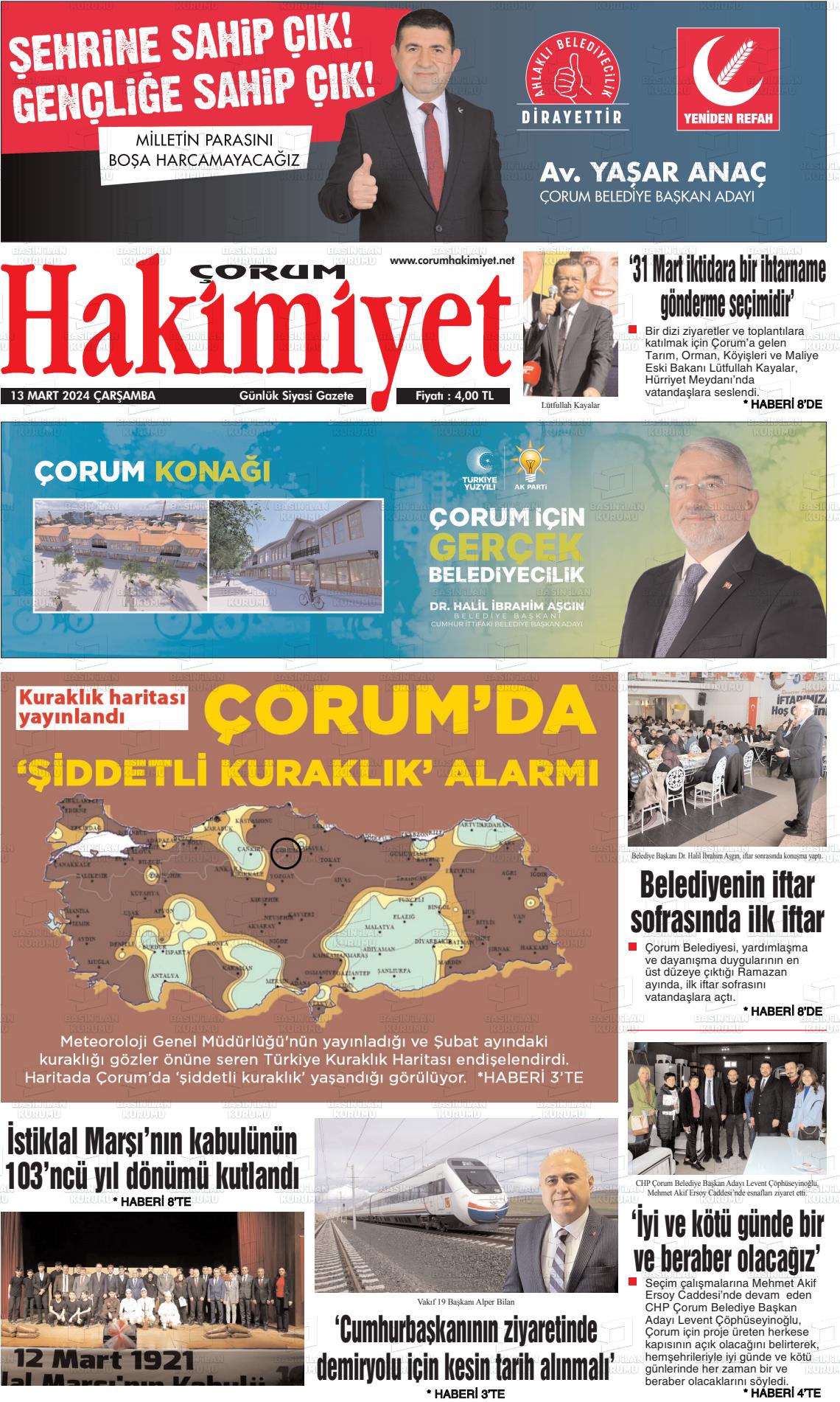 13 Mart 2024 Çorum Hakimiyet Gazete Manşeti