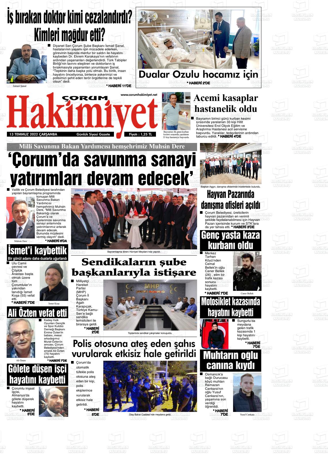 13 Temmuz 2022 Çorum Hakimiyet Gazete Manşeti