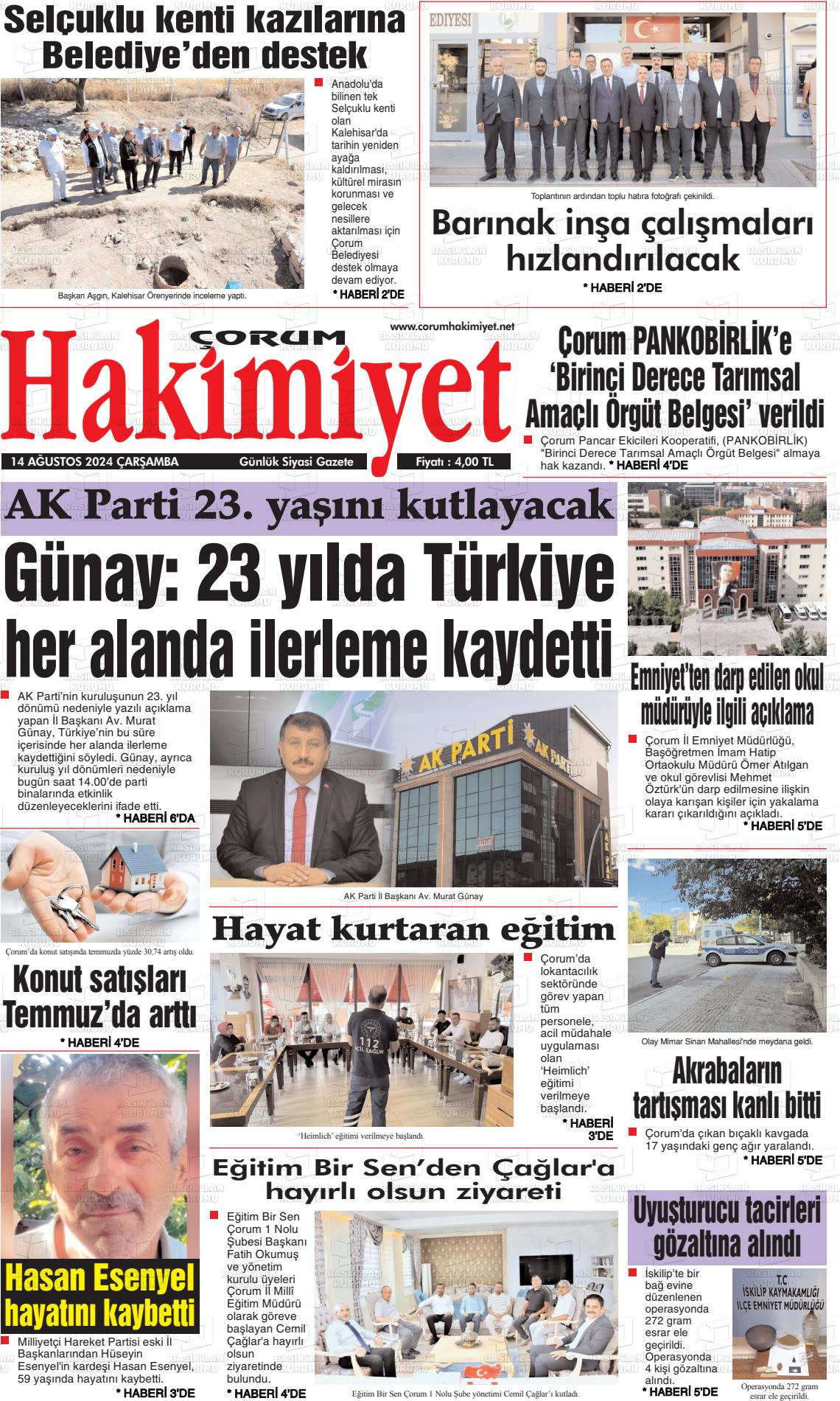 14 Ağustos 2024 Çorum Hakimiyet Gazete Manşeti