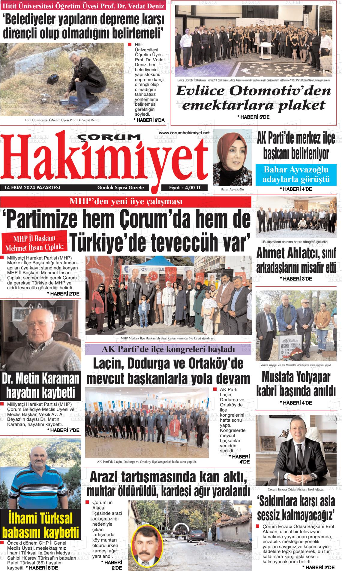 14 Ekim 2024 Çorum Hakimiyet Gazete Manşeti