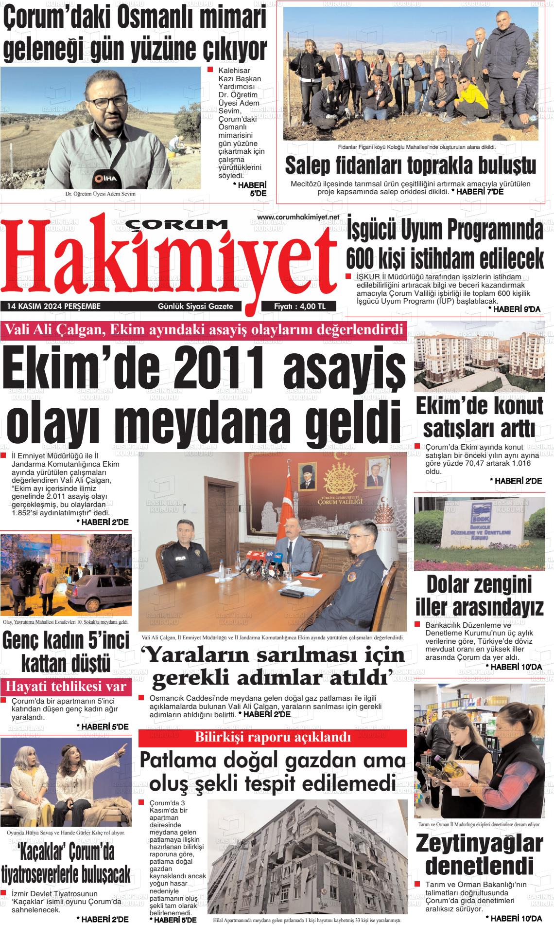 14 Kasım 2024 Çorum Hakimiyet Gazete Manşeti