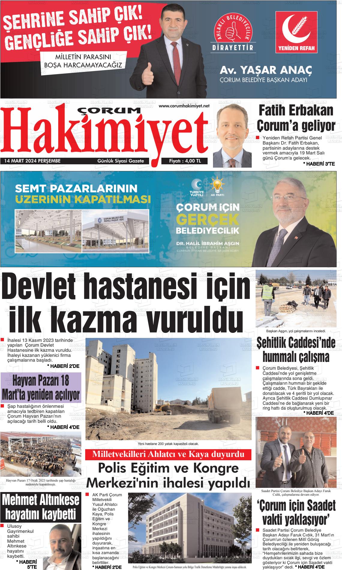 14 Mart 2024 Çorum Hakimiyet Gazete Manşeti