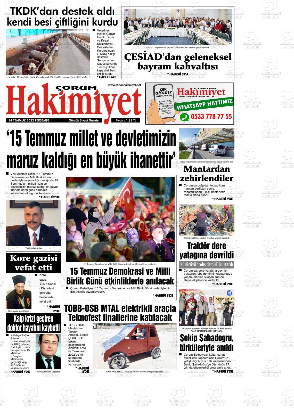 14 Temmuz 2022 Çorum Hakimiyet Gazete Manşeti