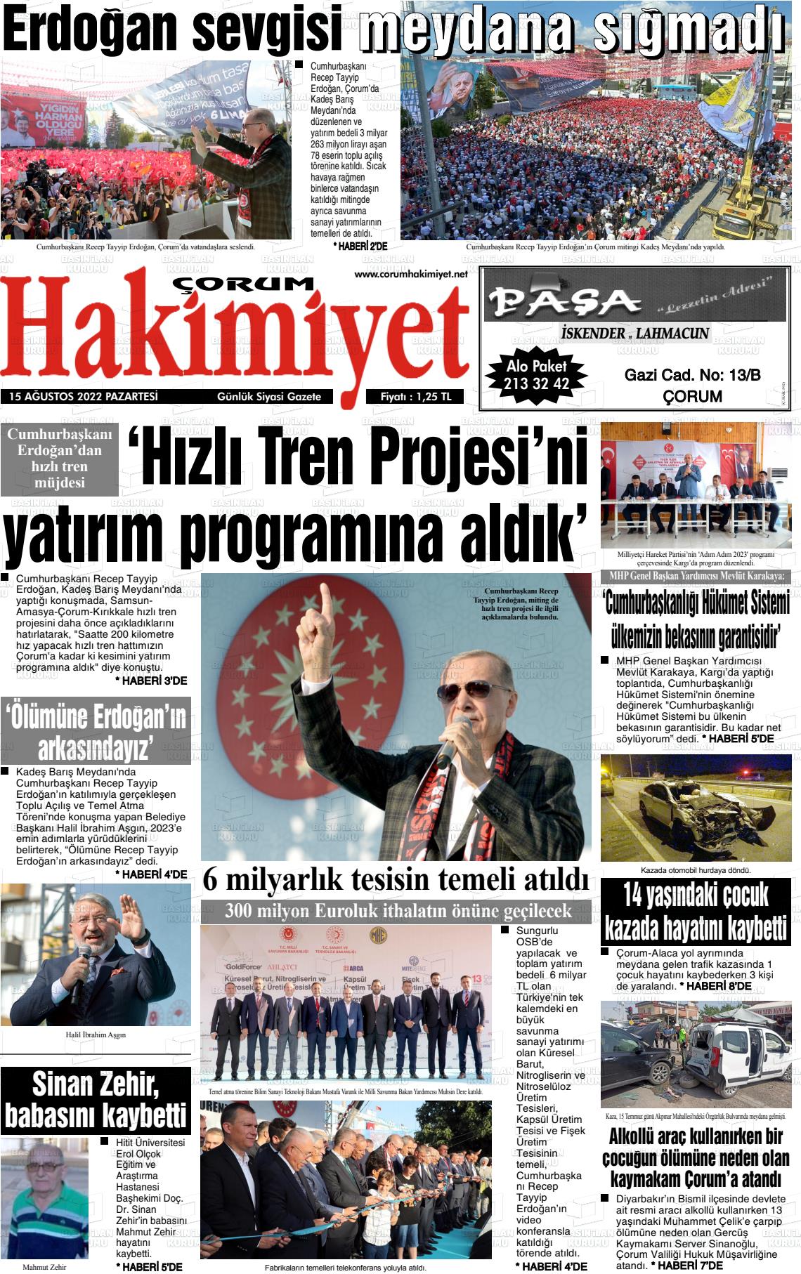 15 Ağustos 2022 Çorum Hakimiyet Gazete Manşeti