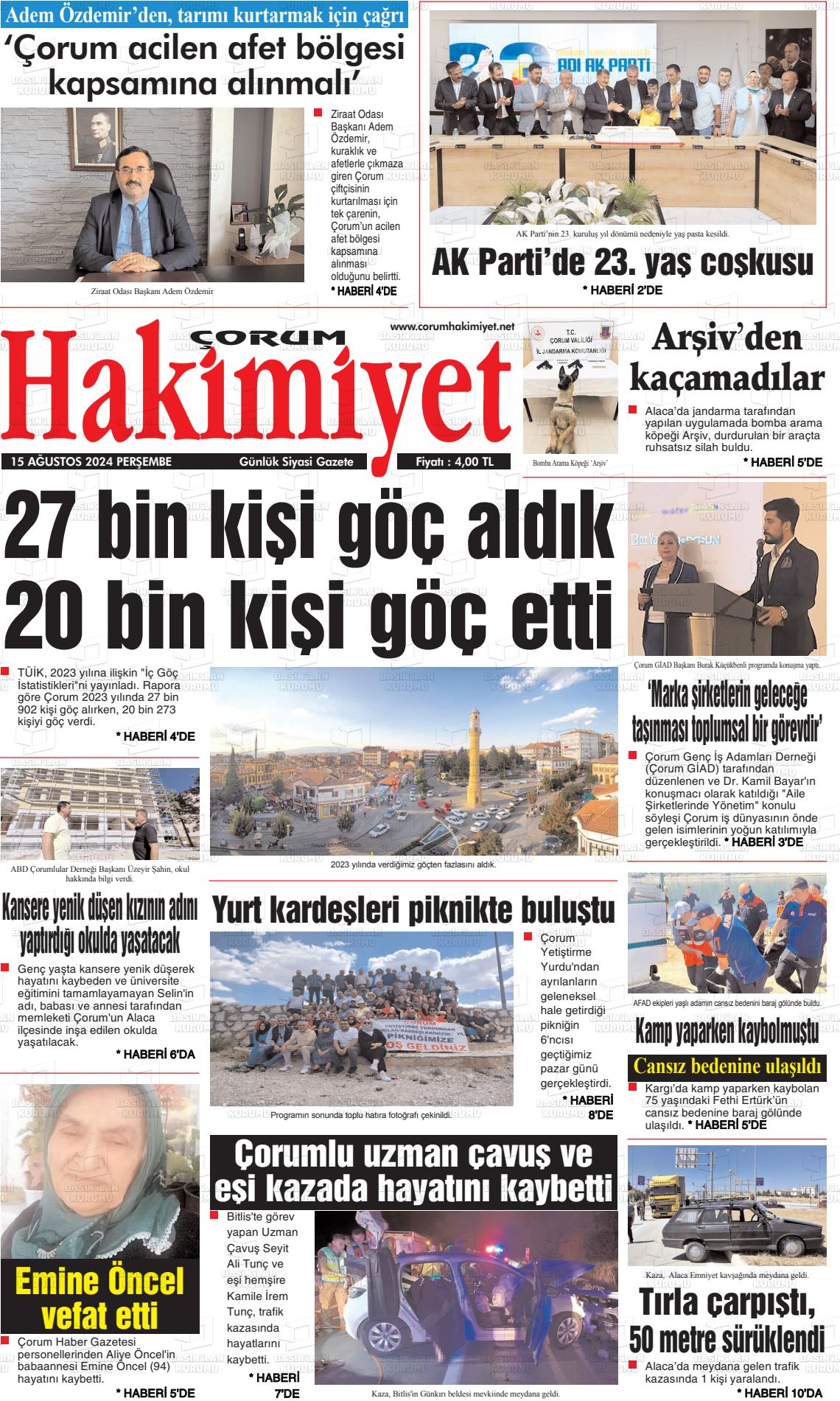 15 Ağustos 2024 Çorum Hakimiyet Gazete Manşeti