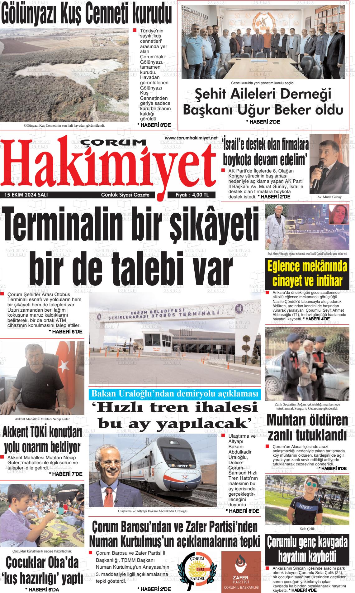 15 Ekim 2024 Çorum Hakimiyet Gazete Manşeti