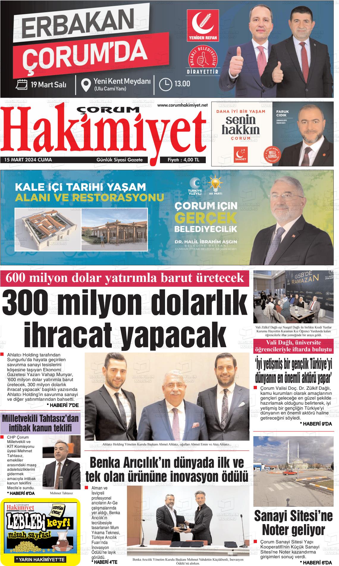 15 Mart 2024 Çorum Hakimiyet Gazete Manşeti