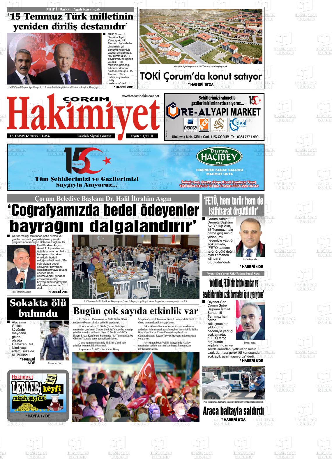 15 Temmuz 2022 Çorum Hakimiyet Gazete Manşeti