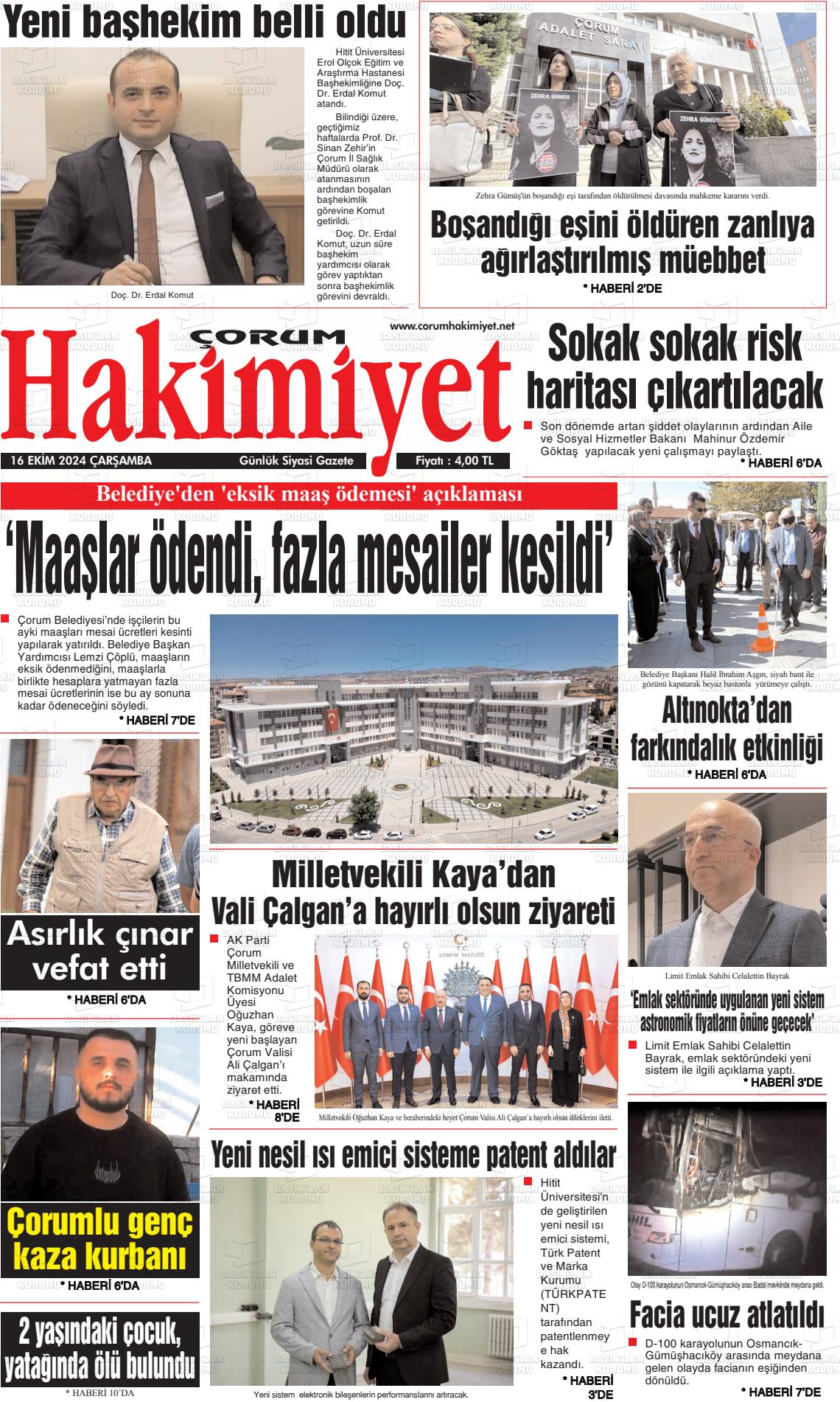 16 Ekim 2024 Çorum Hakimiyet Gazete Manşeti