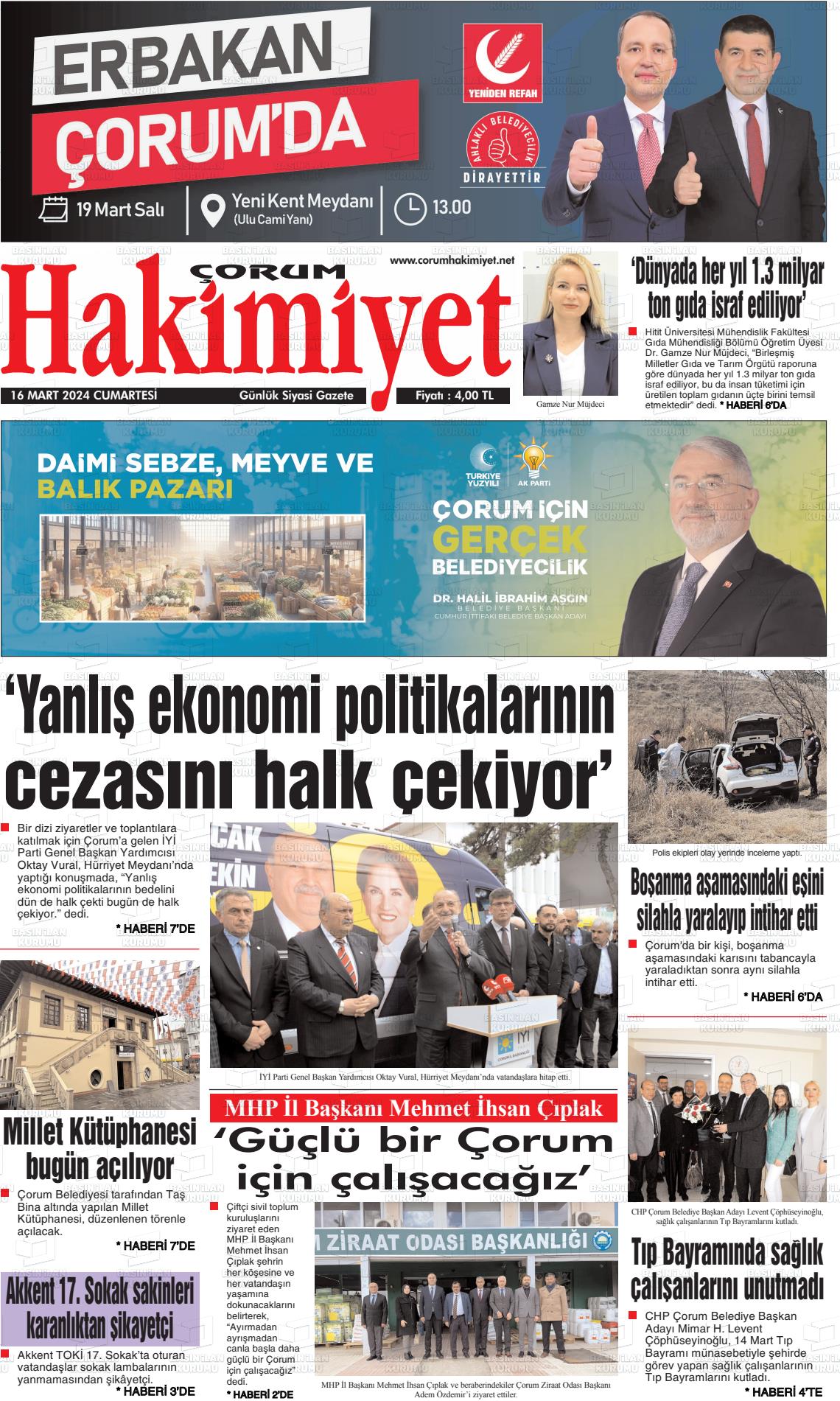 16 Mart 2024 Çorum Hakimiyet Gazete Manşeti