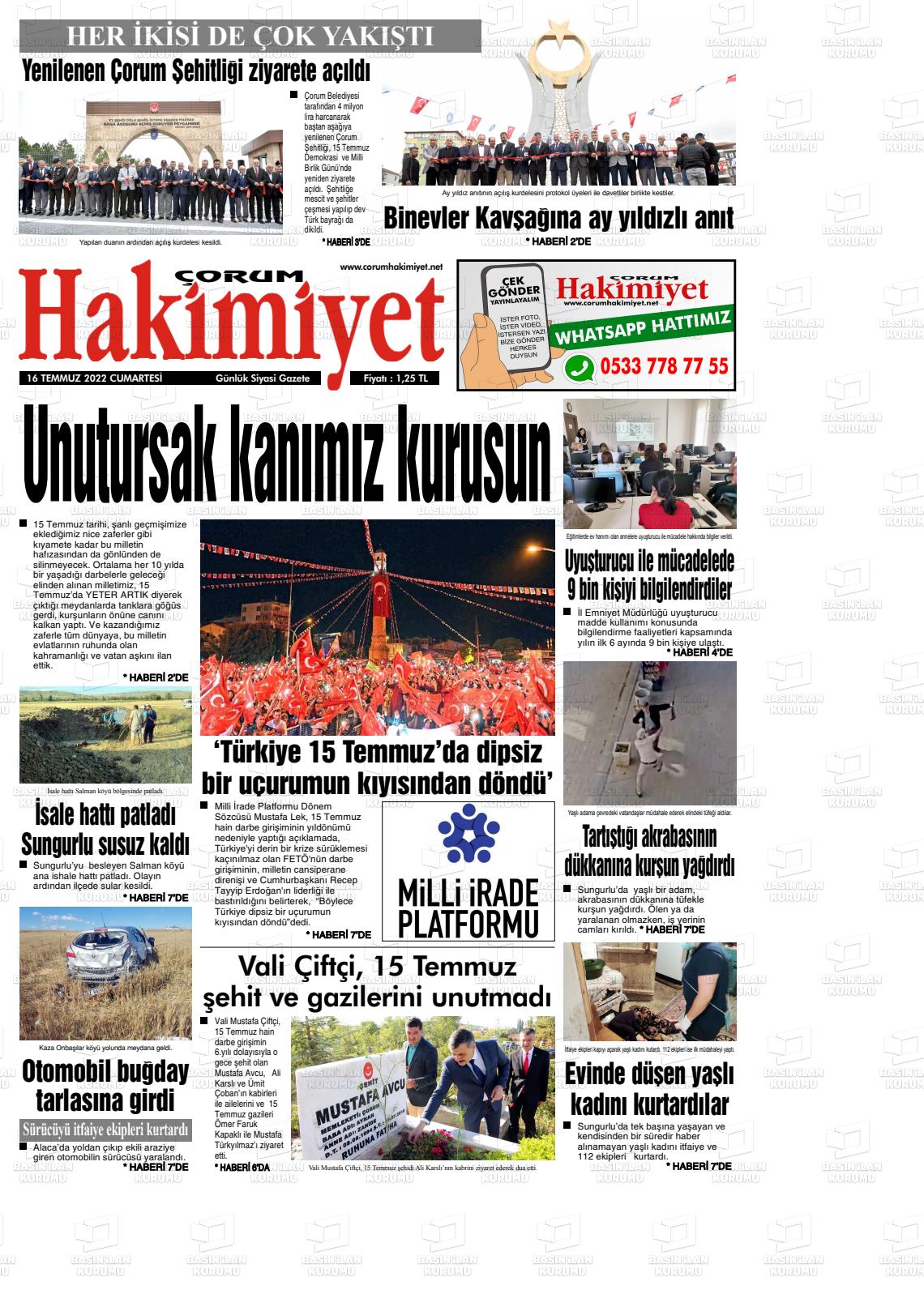 16 Temmuz 2022 Çorum Hakimiyet Gazete Manşeti