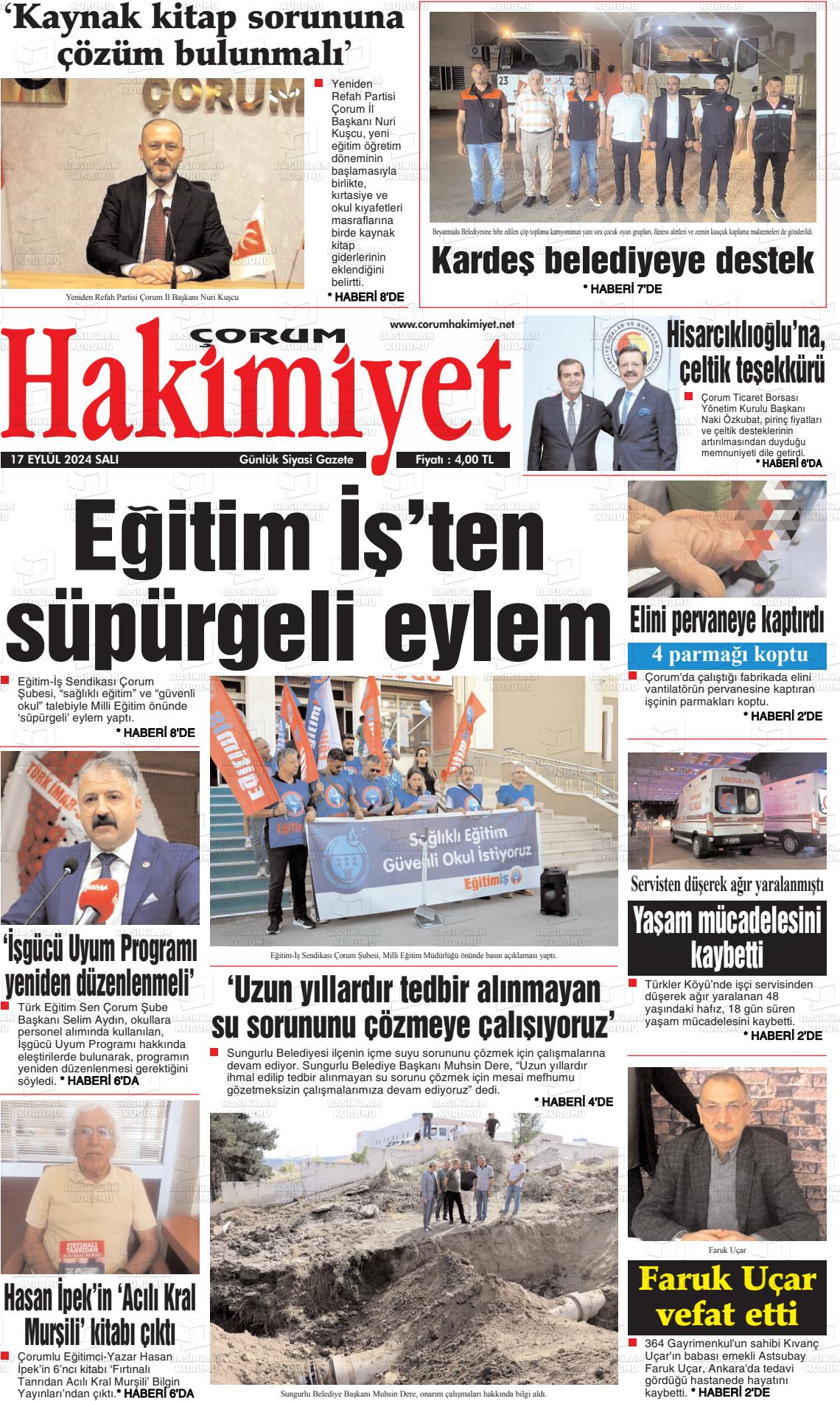 17 Eylül 2024 Çorum Hakimiyet Gazete Manşeti