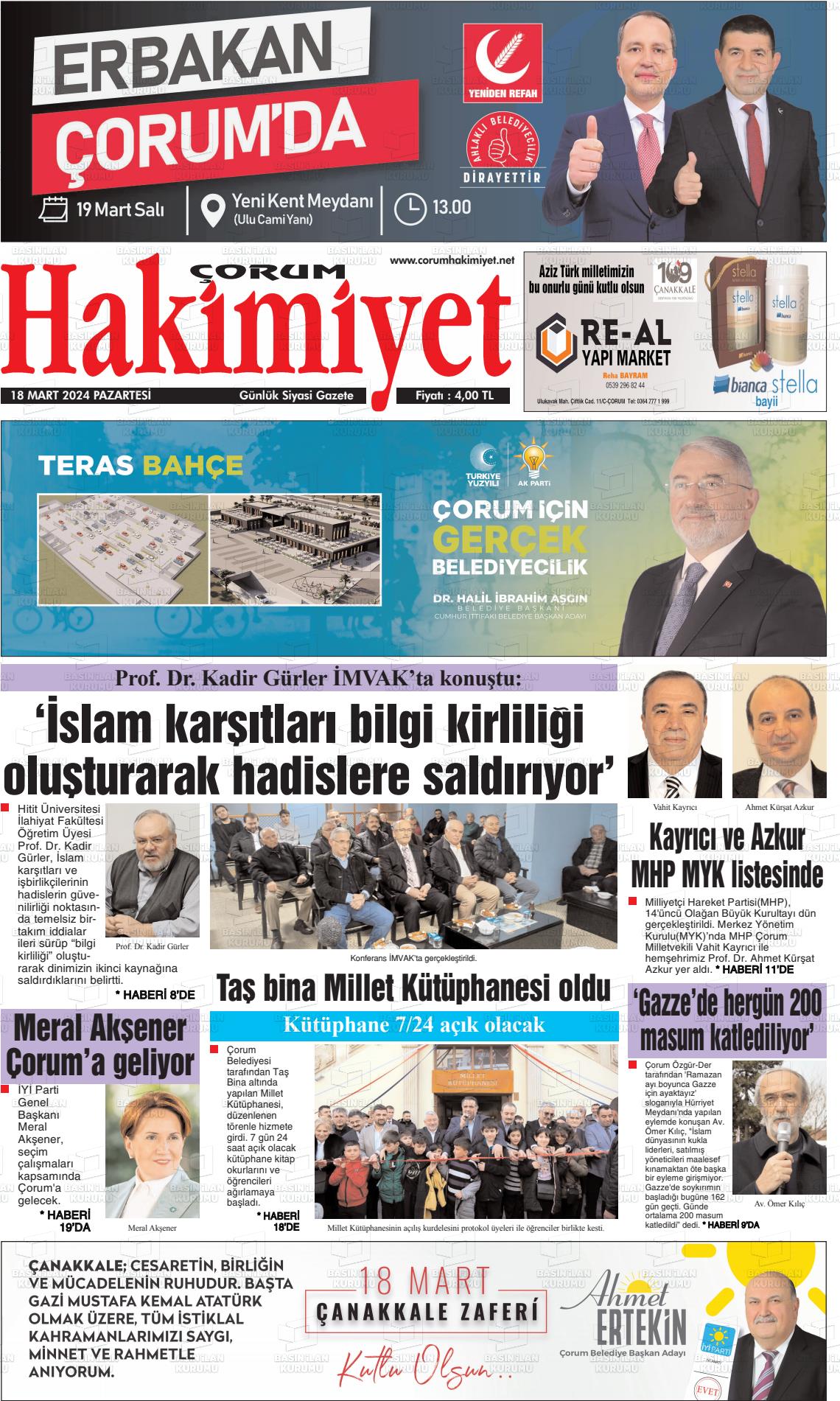 18 Mart 2024 Çorum Hakimiyet Gazete Manşeti