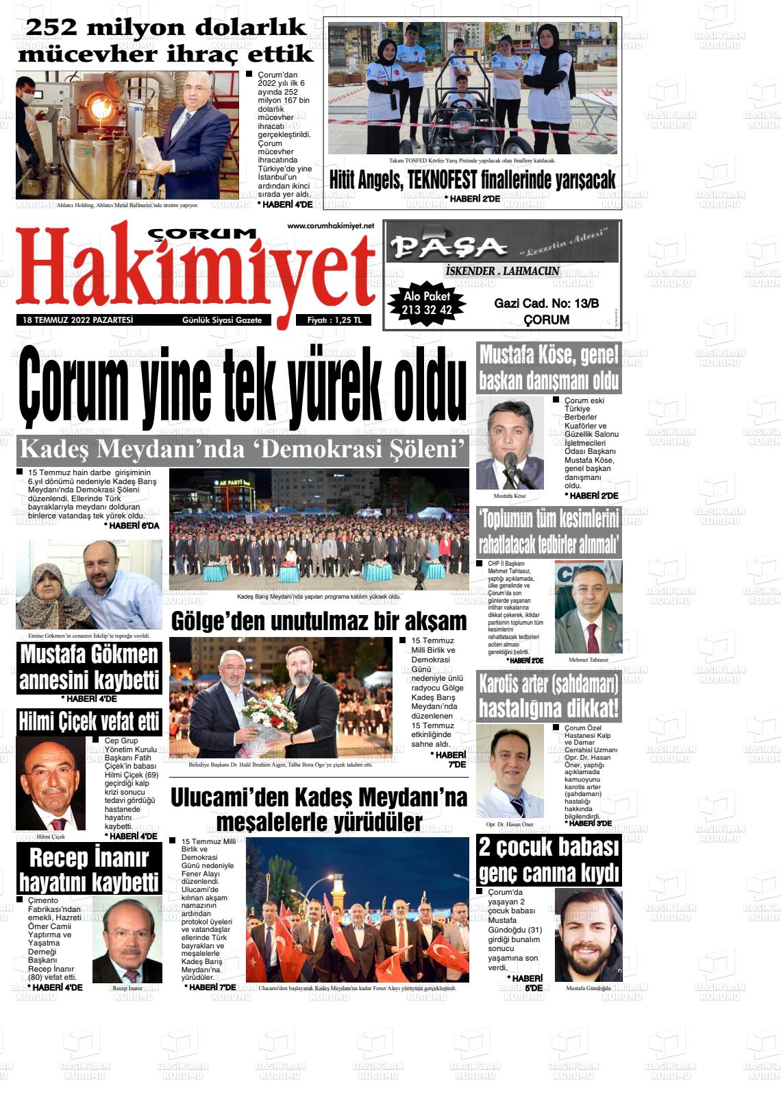 18 Temmuz 2022 Çorum Hakimiyet Gazete Manşeti