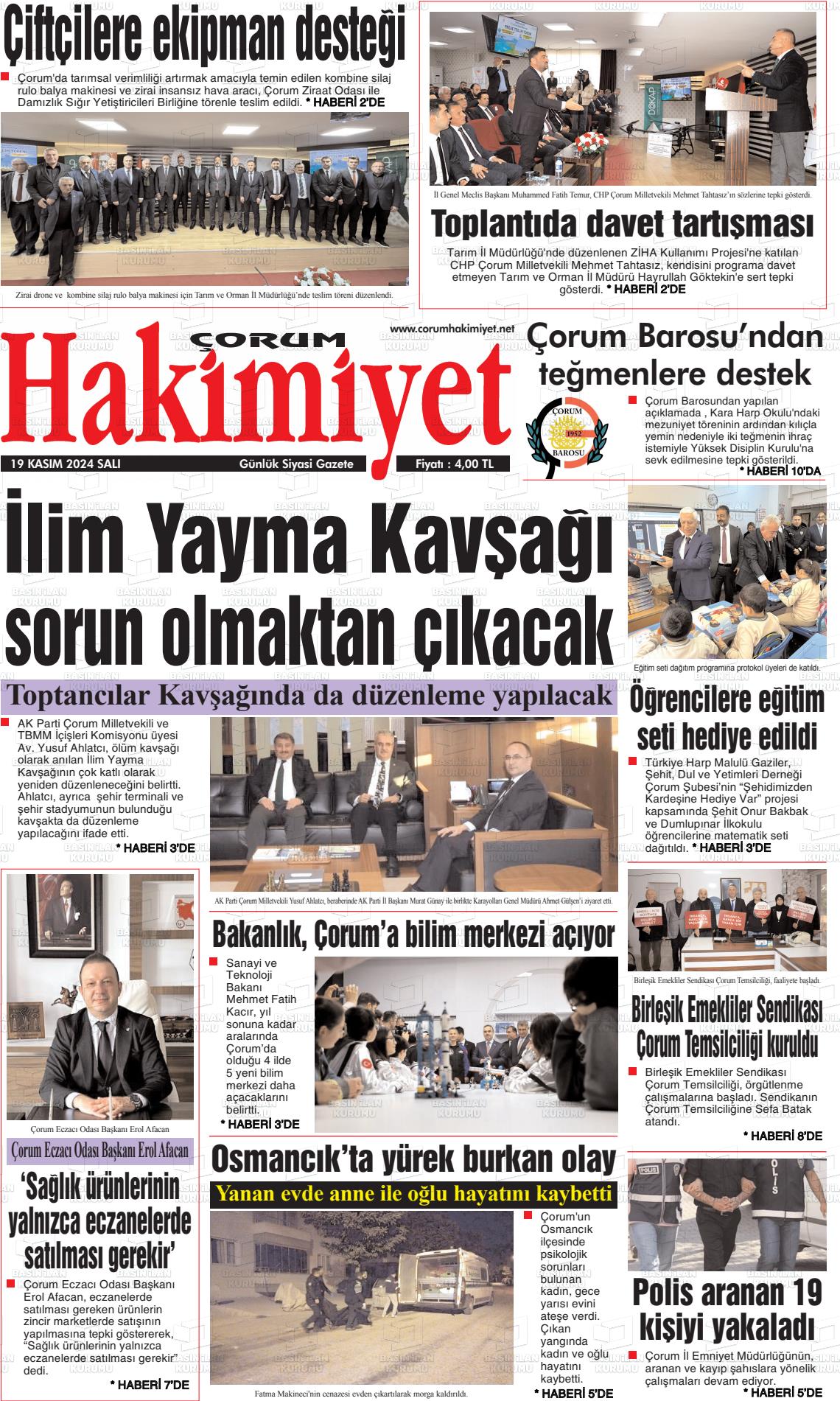 19 Kasım 2024 Çorum Hakimiyet Gazete Manşeti