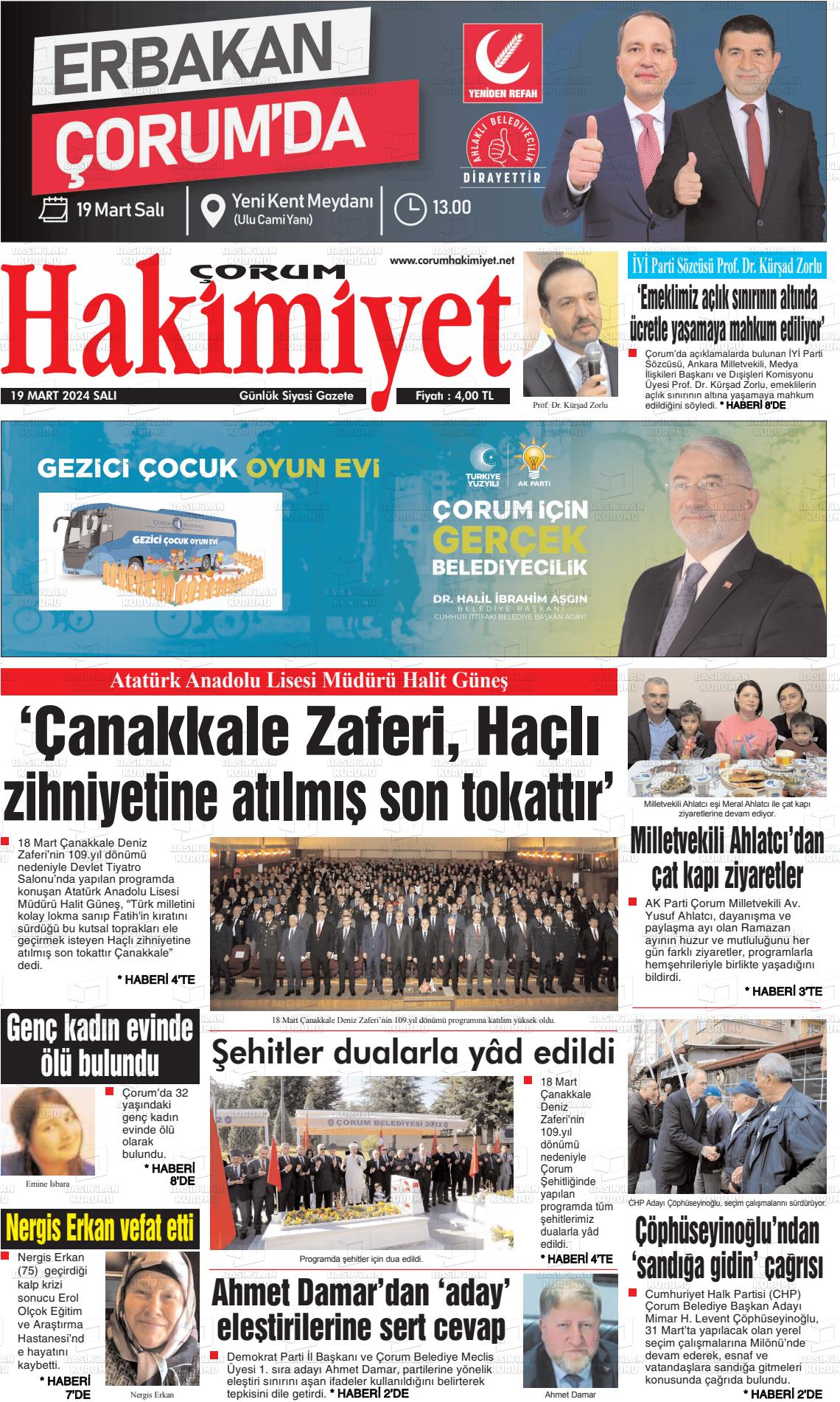 19 Mart 2024 Çorum Hakimiyet Gazete Manşeti