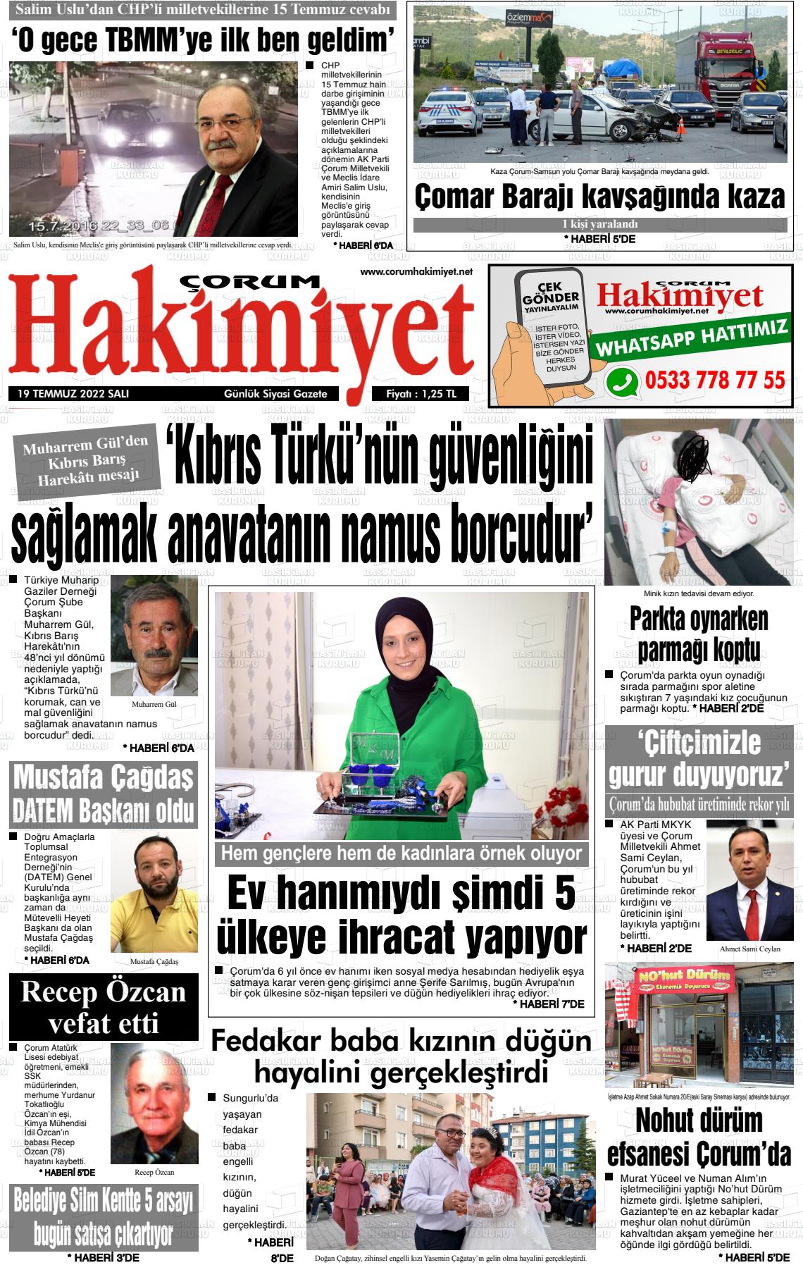 19 Temmuz 2022 Çorum Hakimiyet Gazete Manşeti