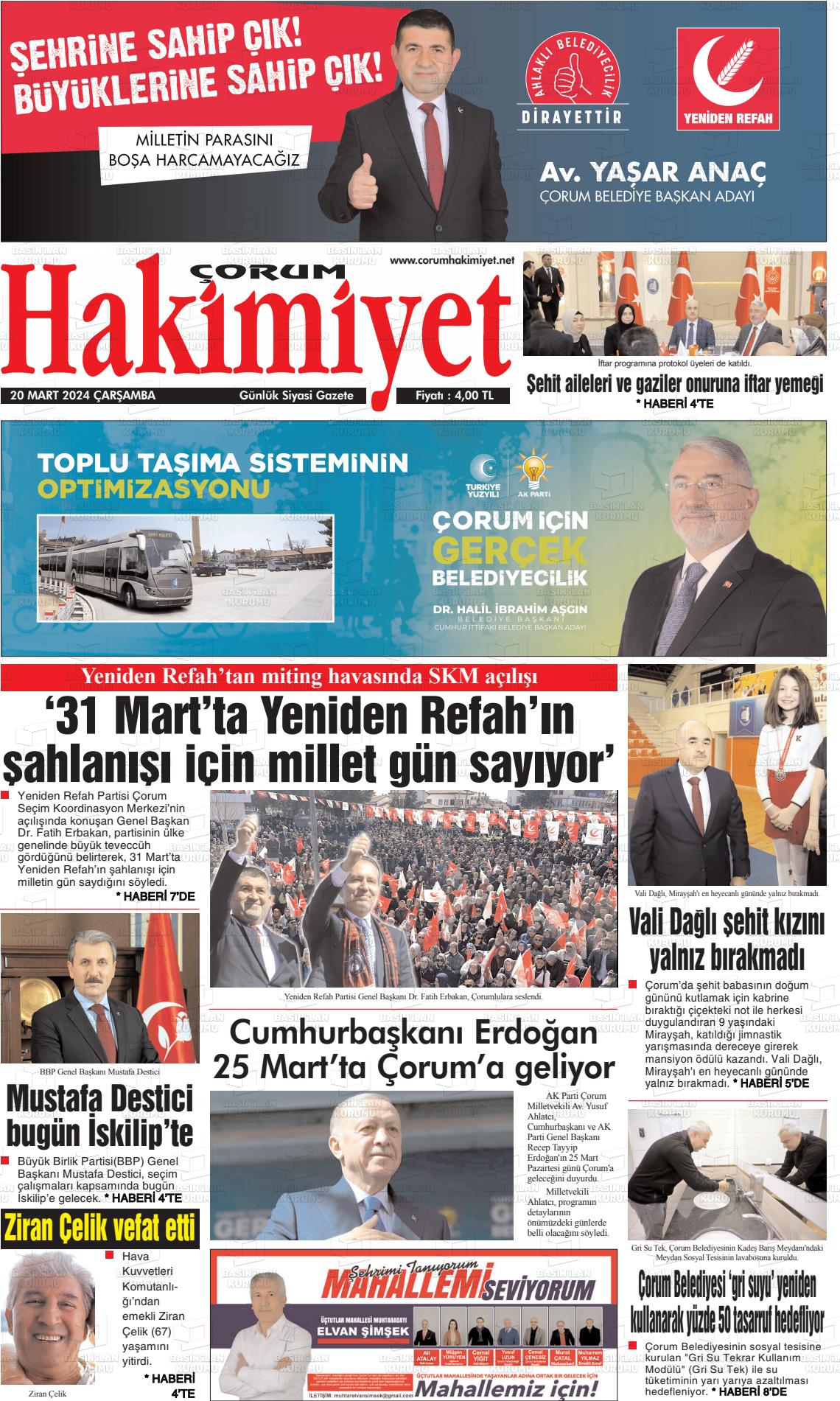 20 Mart 2024 Çorum Hakimiyet Gazete Manşeti