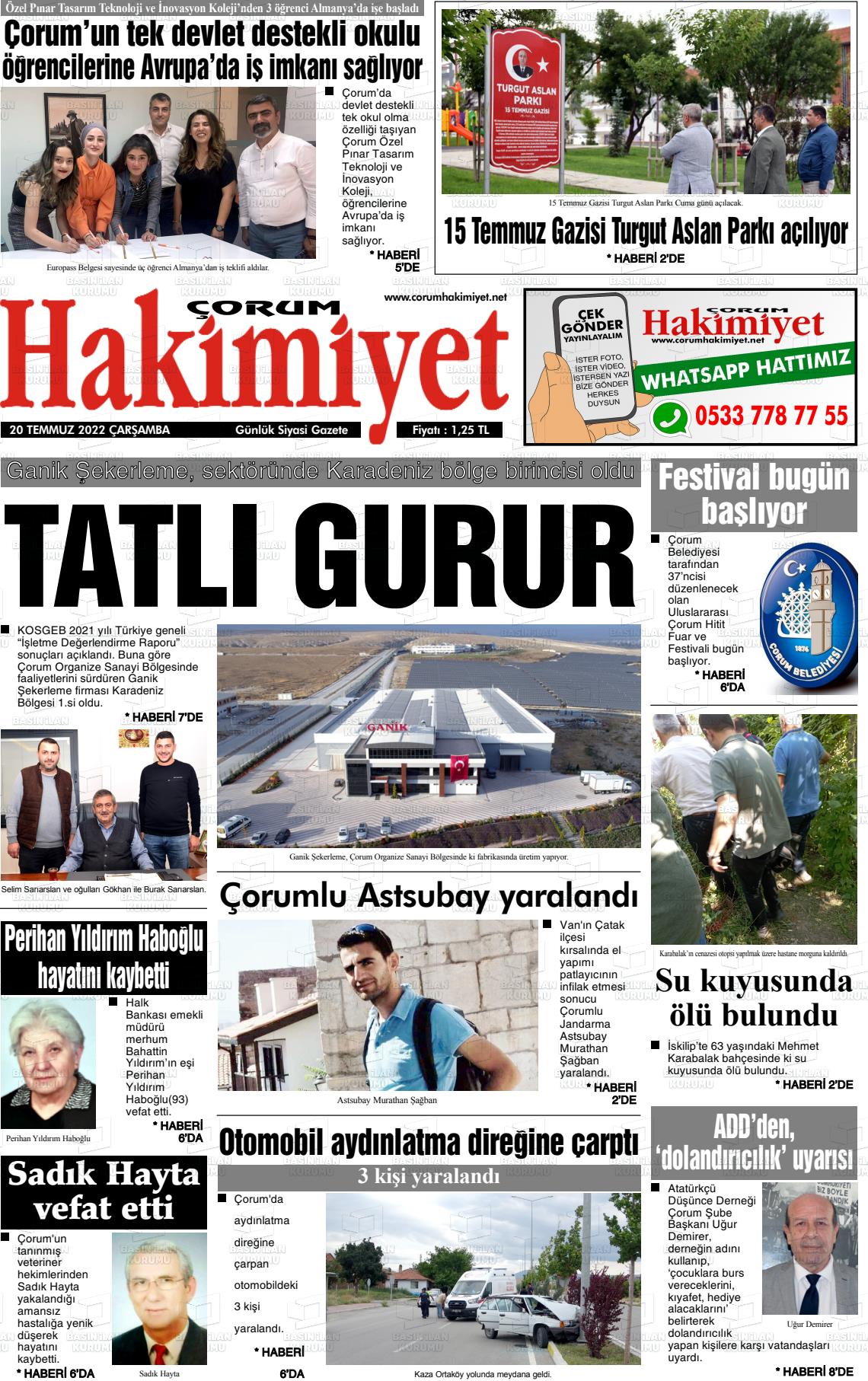 20 Temmuz 2022 Çorum Hakimiyet Gazete Manşeti